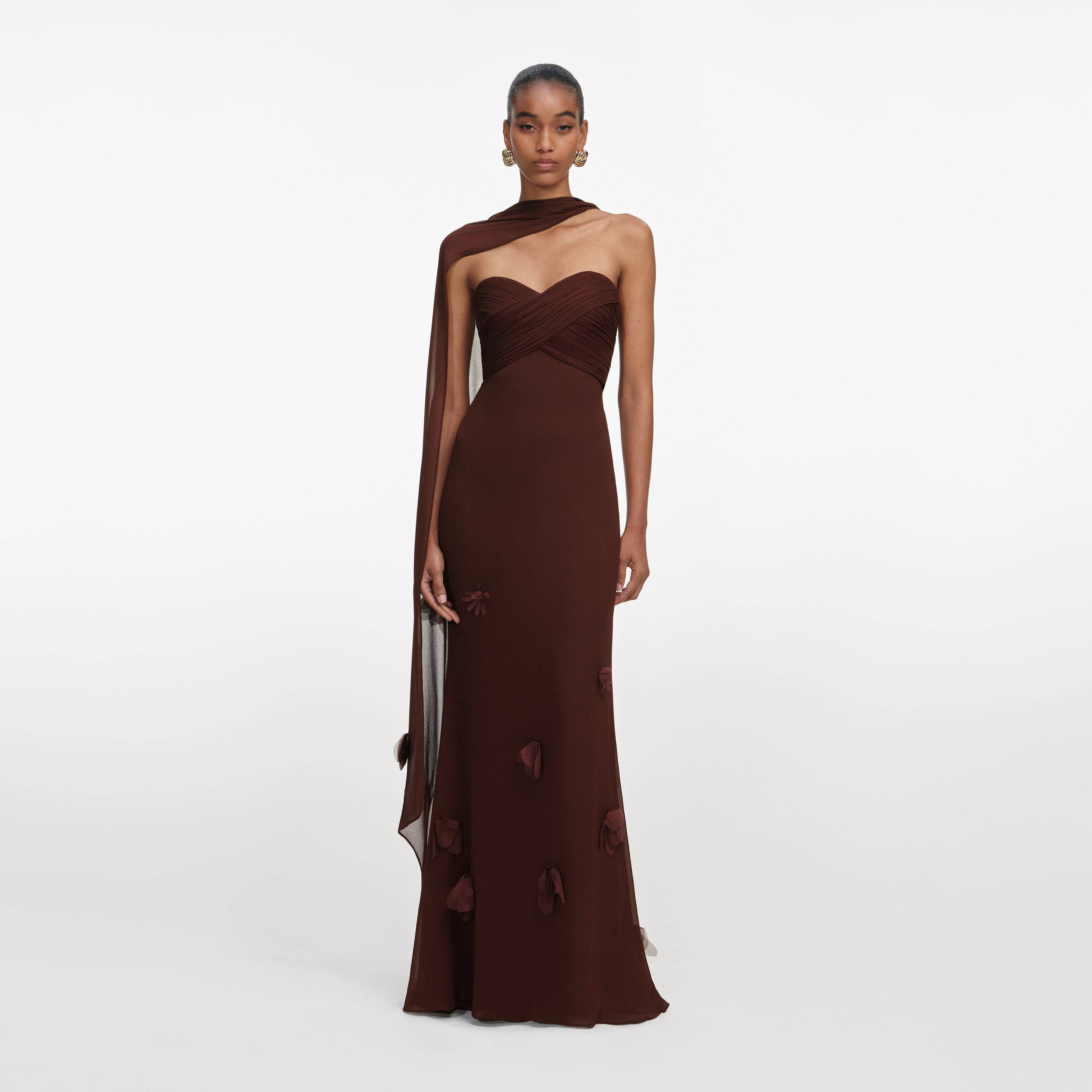 Brown Georgette Flower Maxi Dress