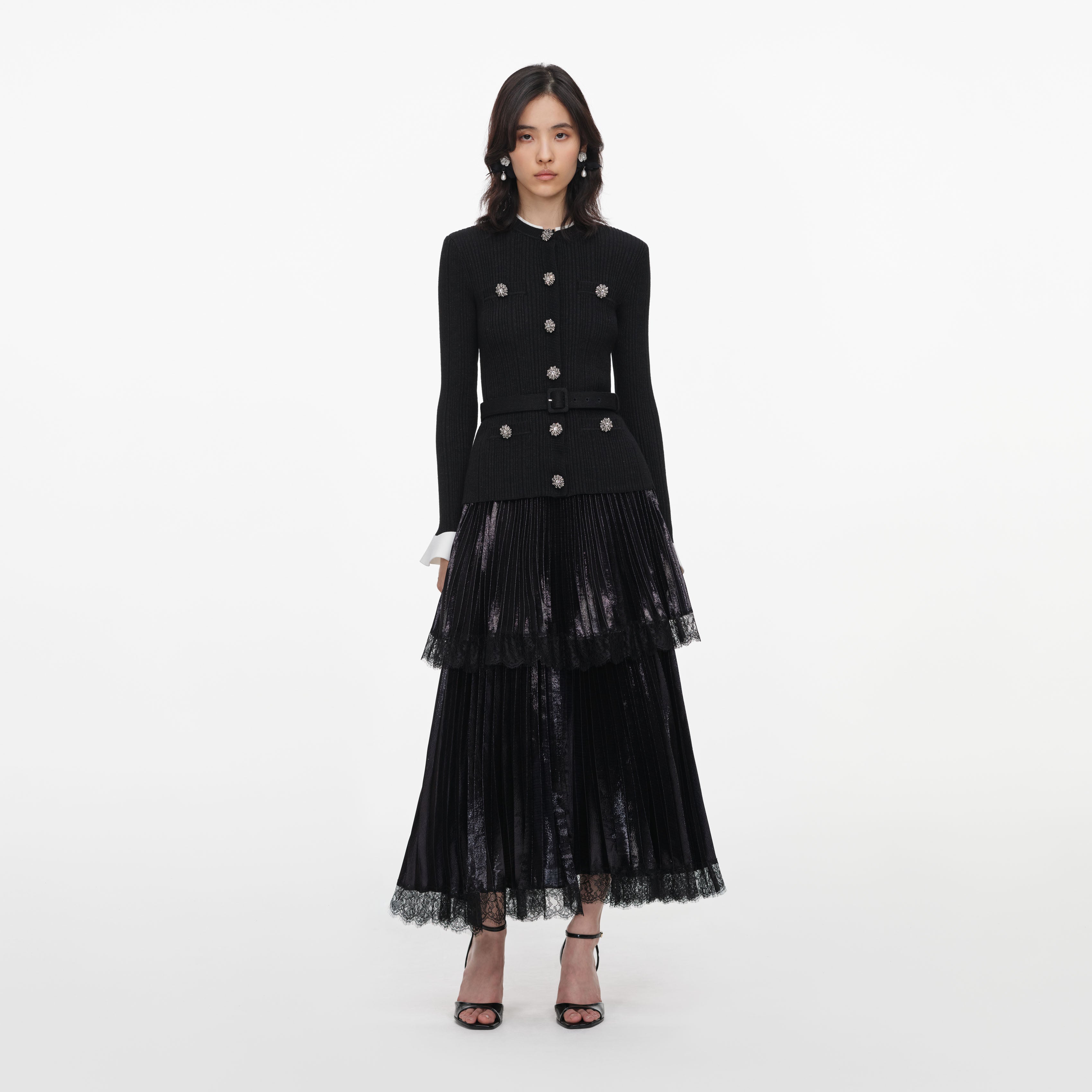 Black Knit Metallic Chiffon Midi Dress