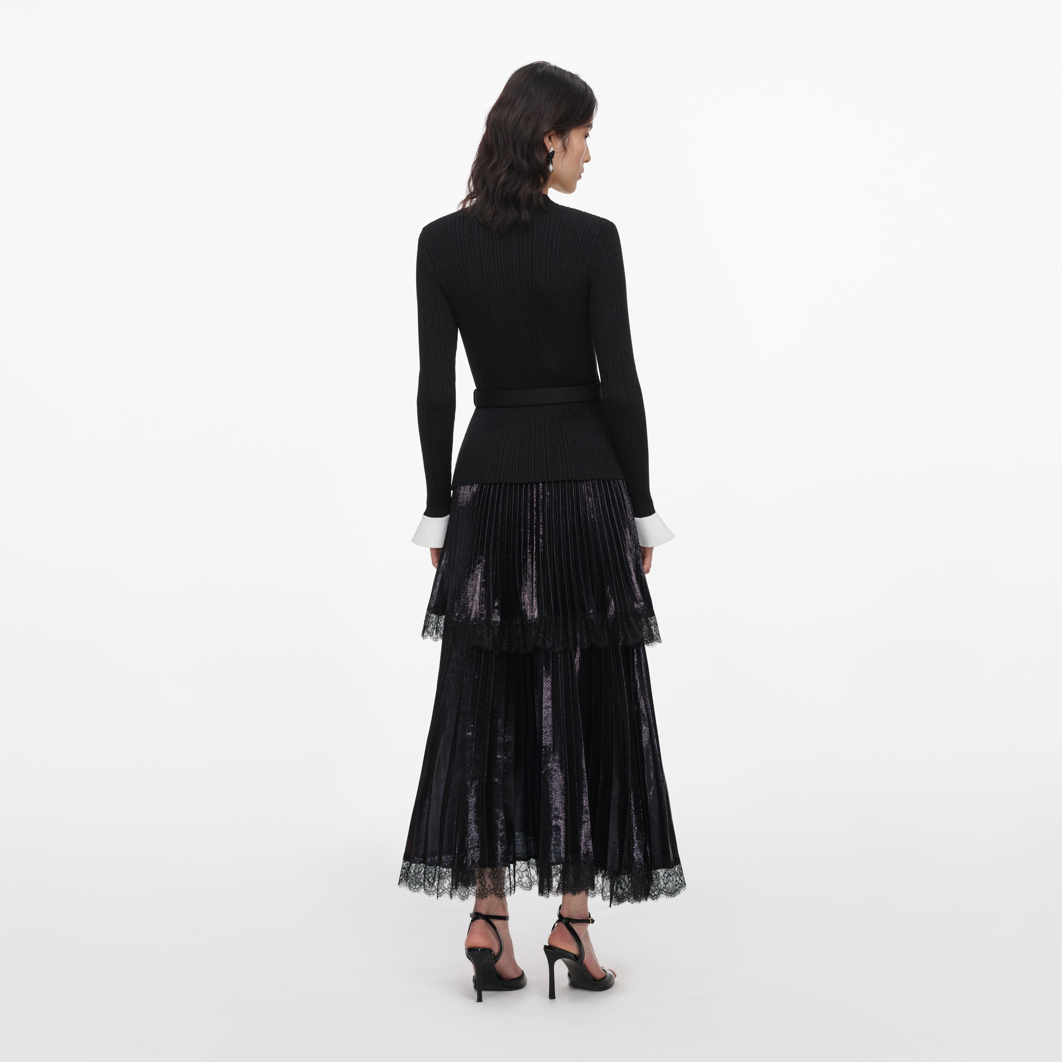 Black Knit Metallic Chiffon Midi Dress