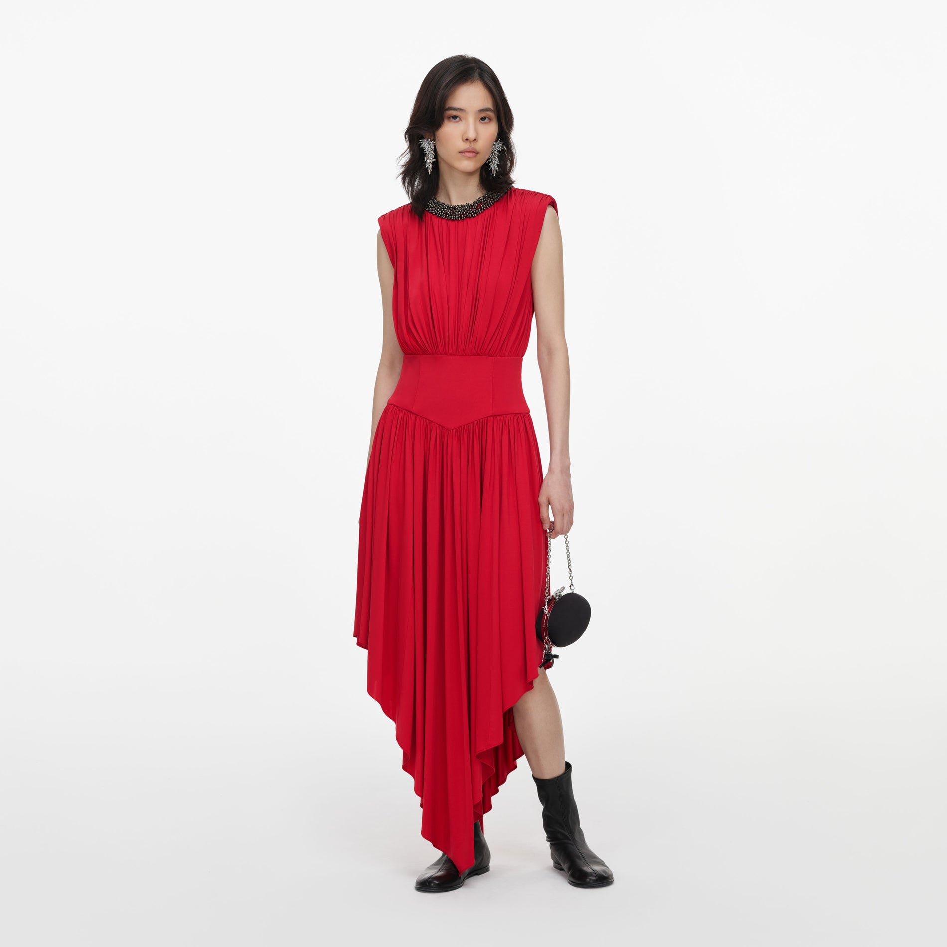Red Jersey Drape Asymmetric Midi Dress