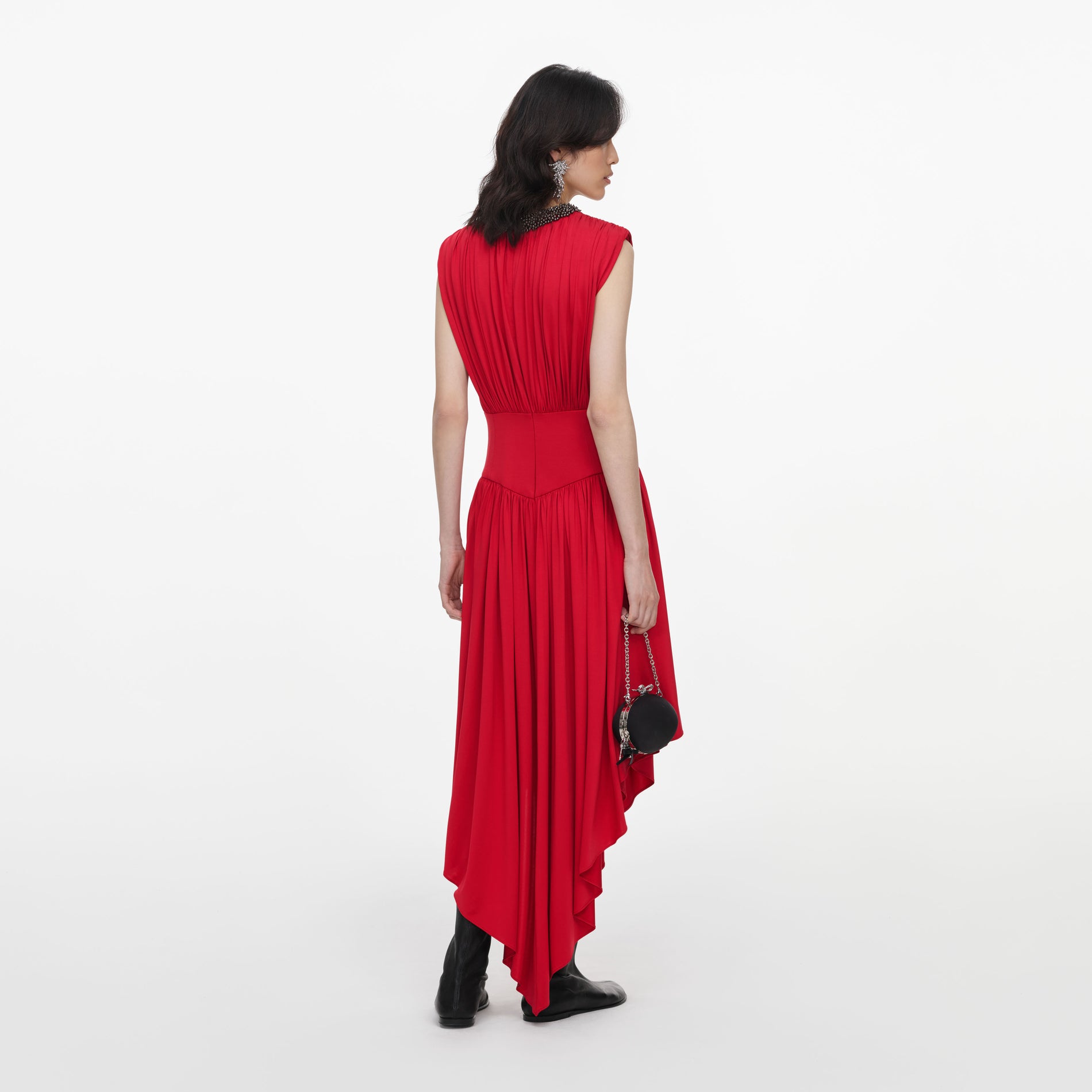 Red Jersey Drape Asymmetric Midi Dress