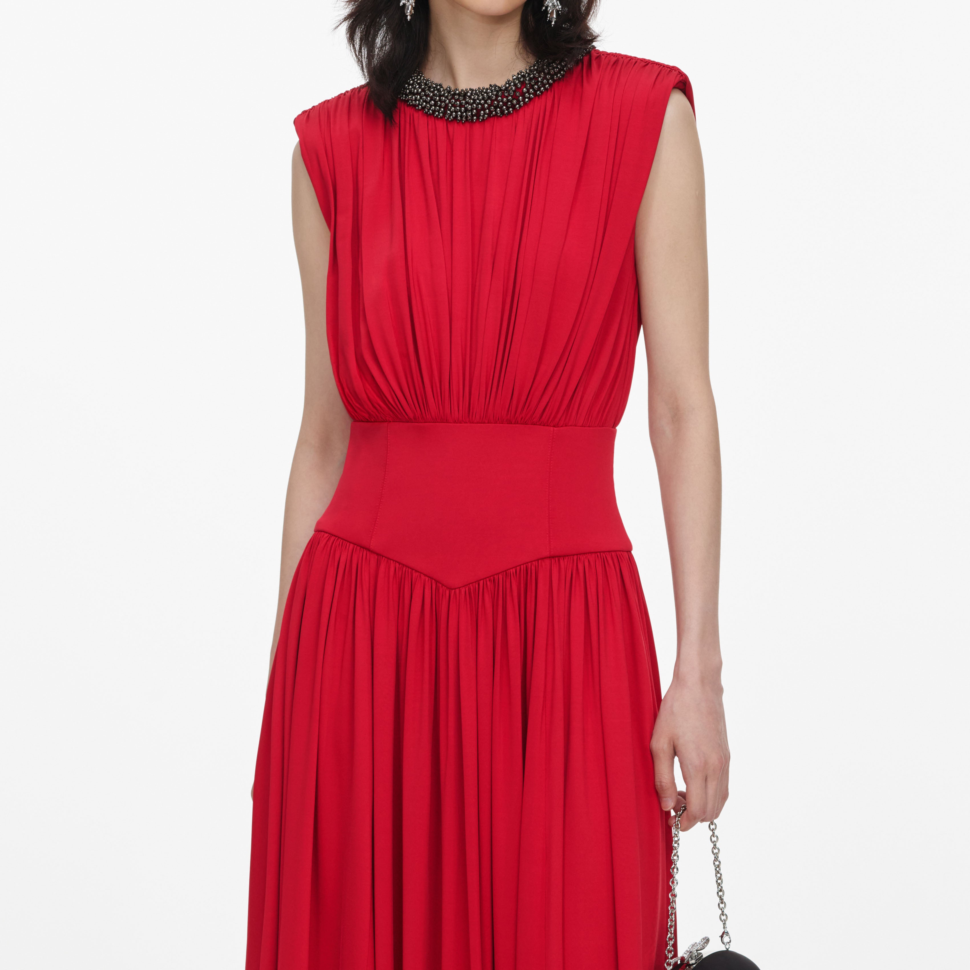 Red Jersey Drape Asymmetric Midi Dress