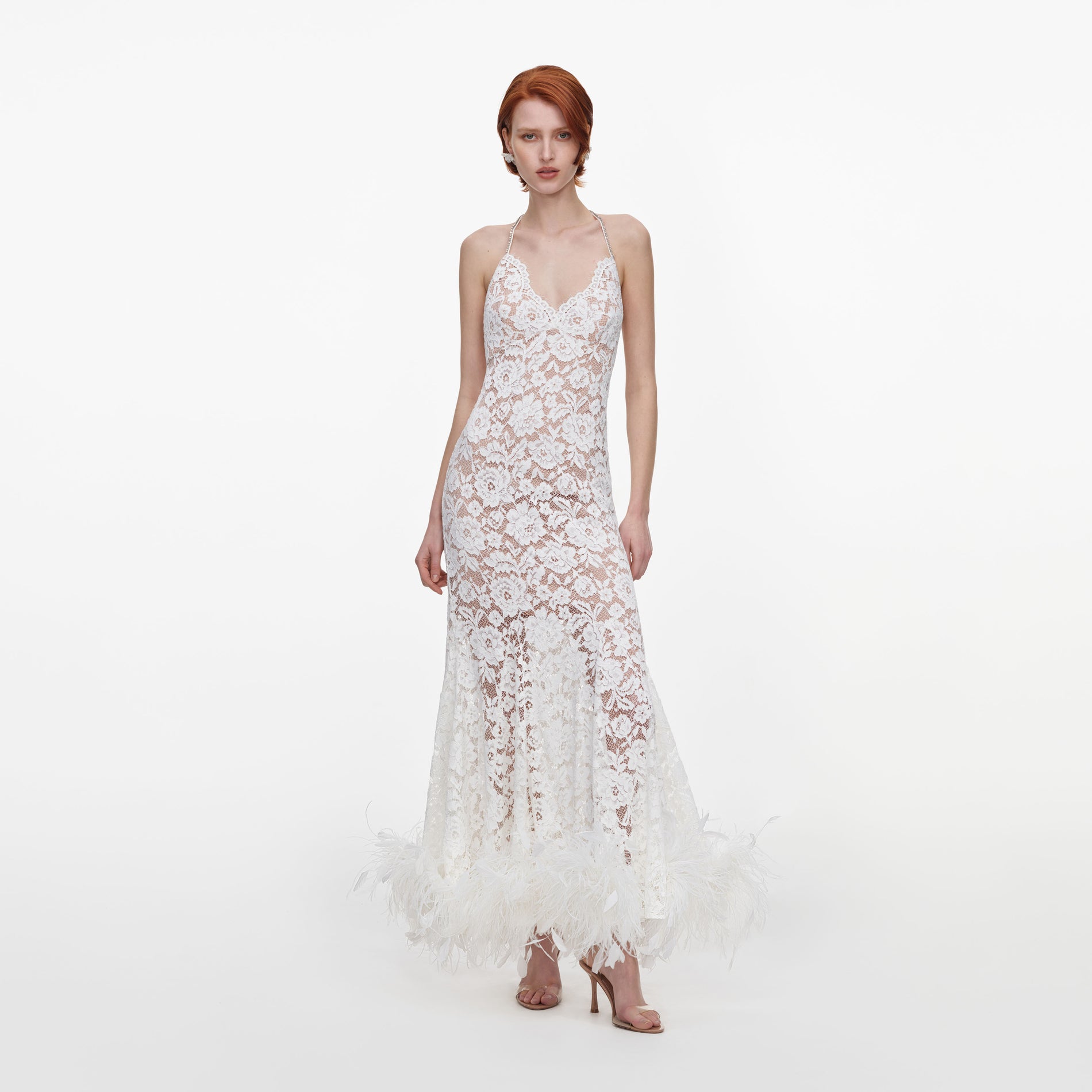 White Fine Lace Feather Maxi Dress