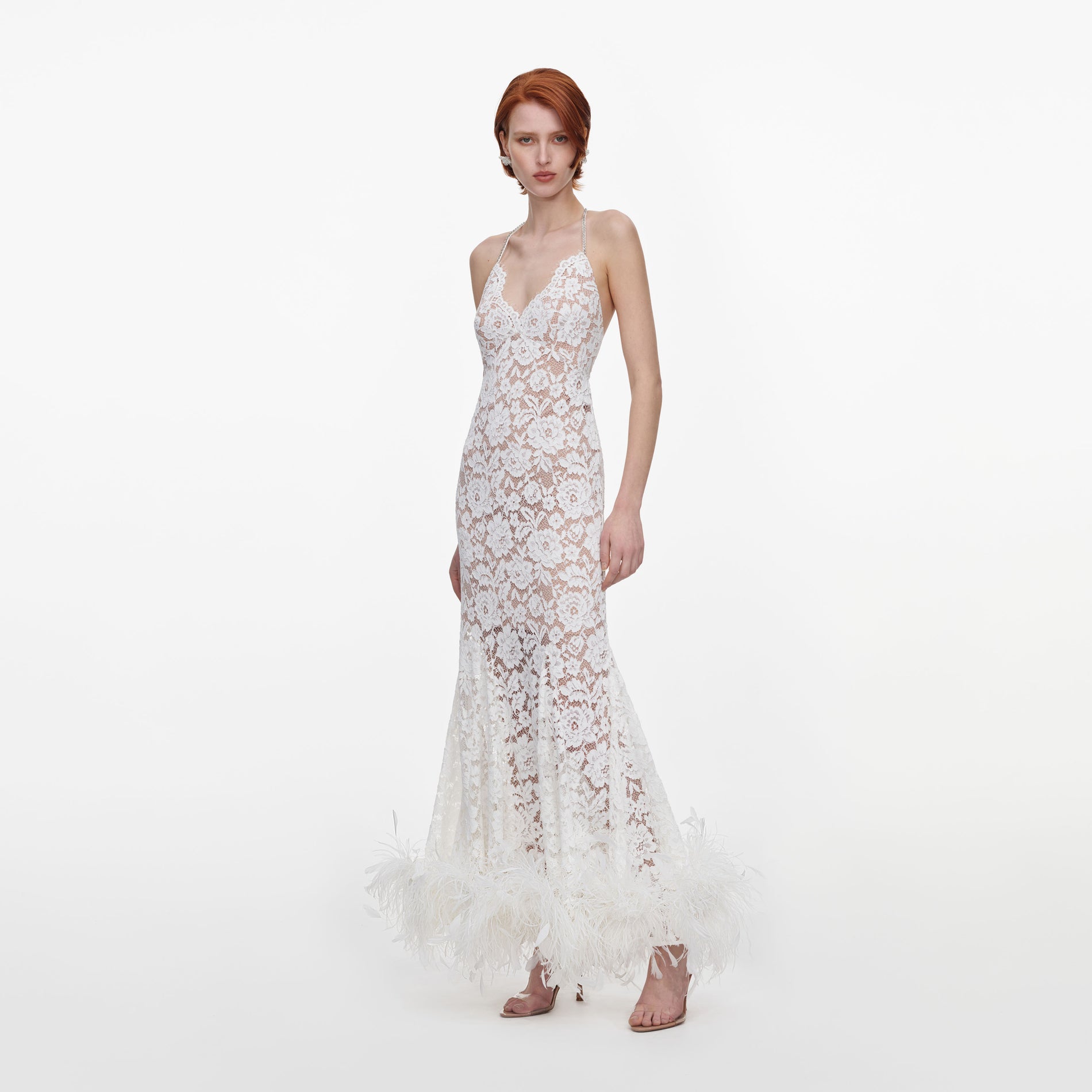 White Fine Lace Feather Maxi Dress
