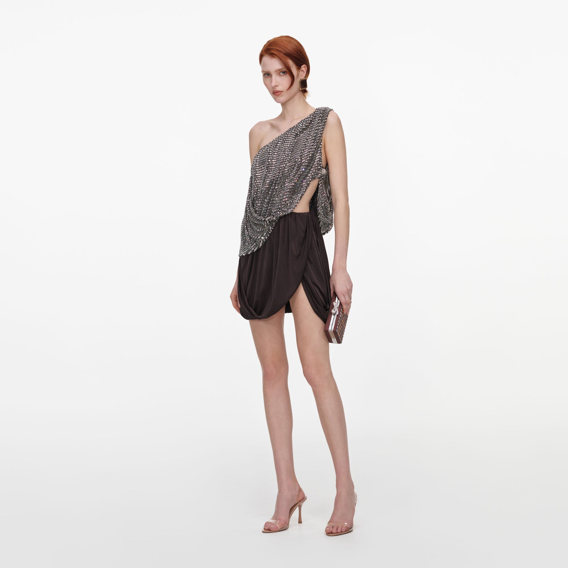 Rhinestone One Shoulder Drape Mini Dress