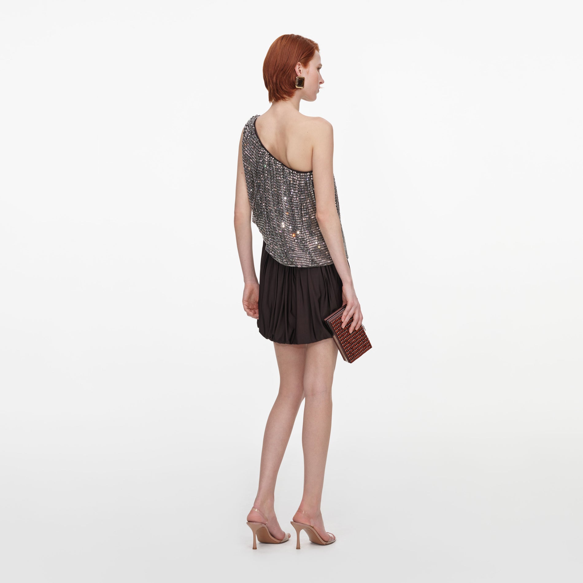 Rhinestone One Shoulder Drape Mini Dress