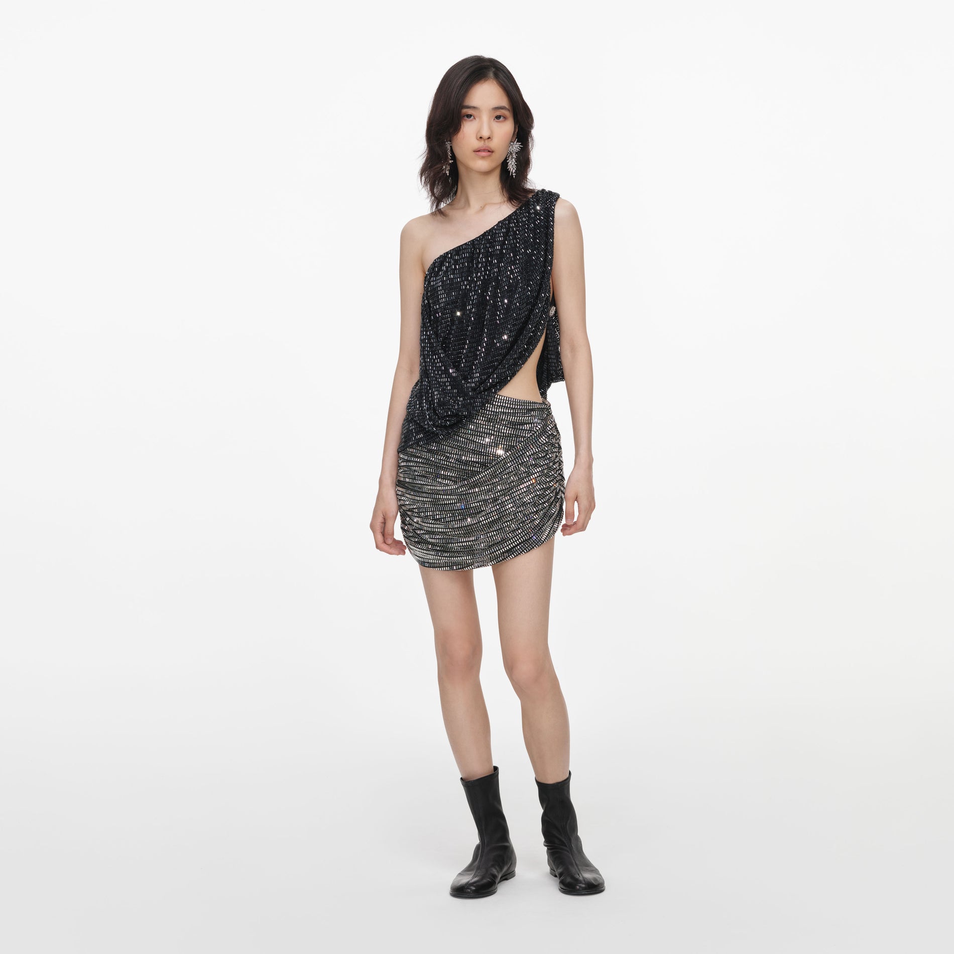 Black Rhinestone One Shoulder Drape Top