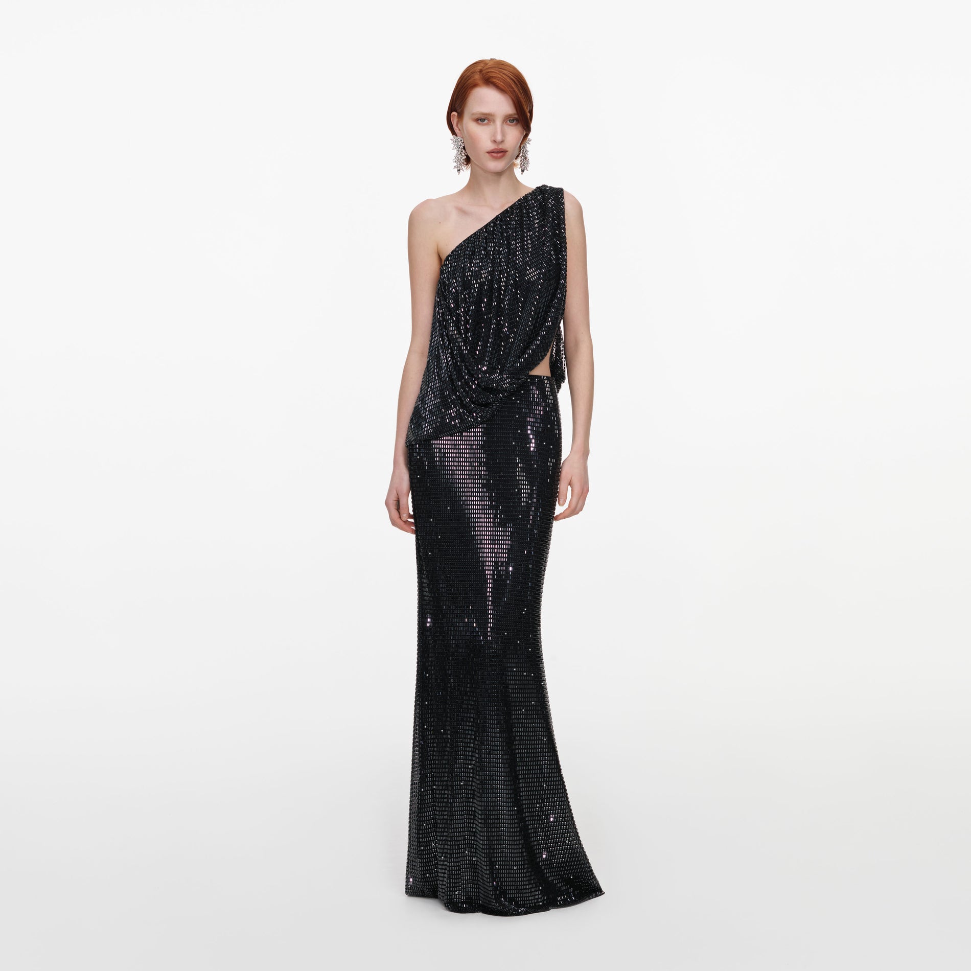 Black Rhinestone Off-Shoulder Drape Maxi Dress
