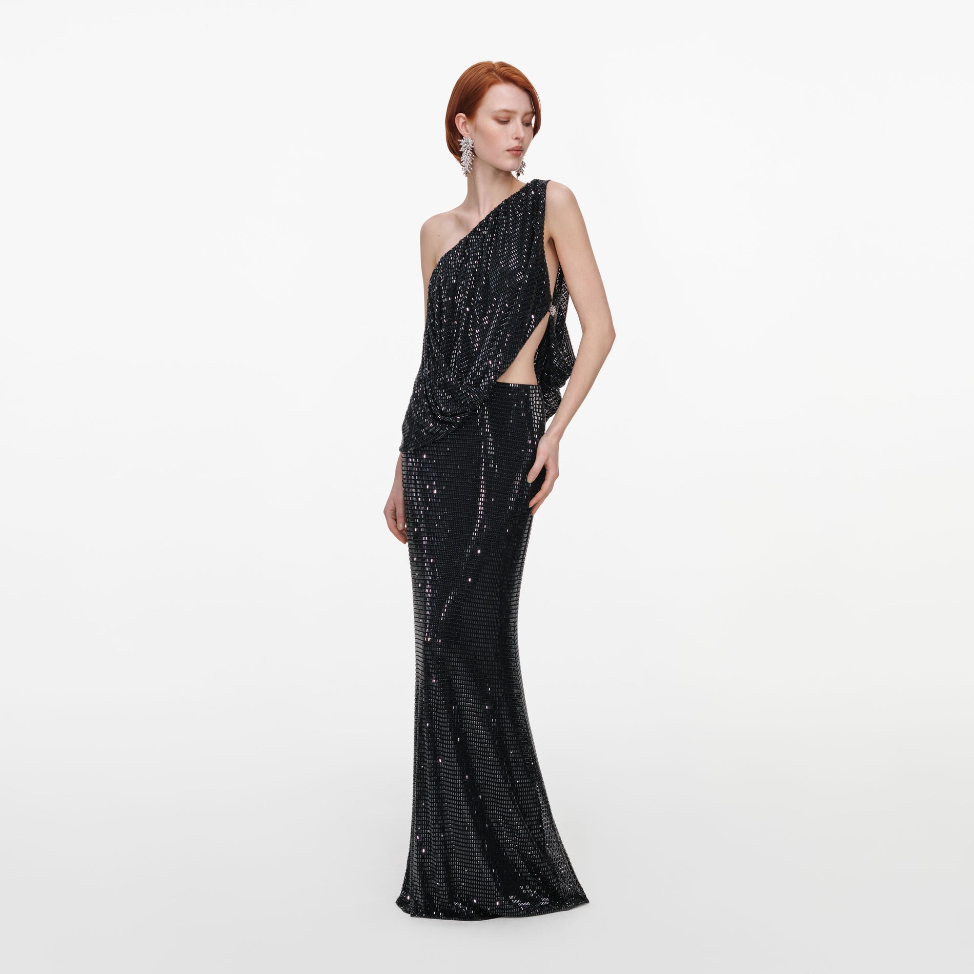 Black Rhinestone Off-Shoulder Drape Maxi Dress