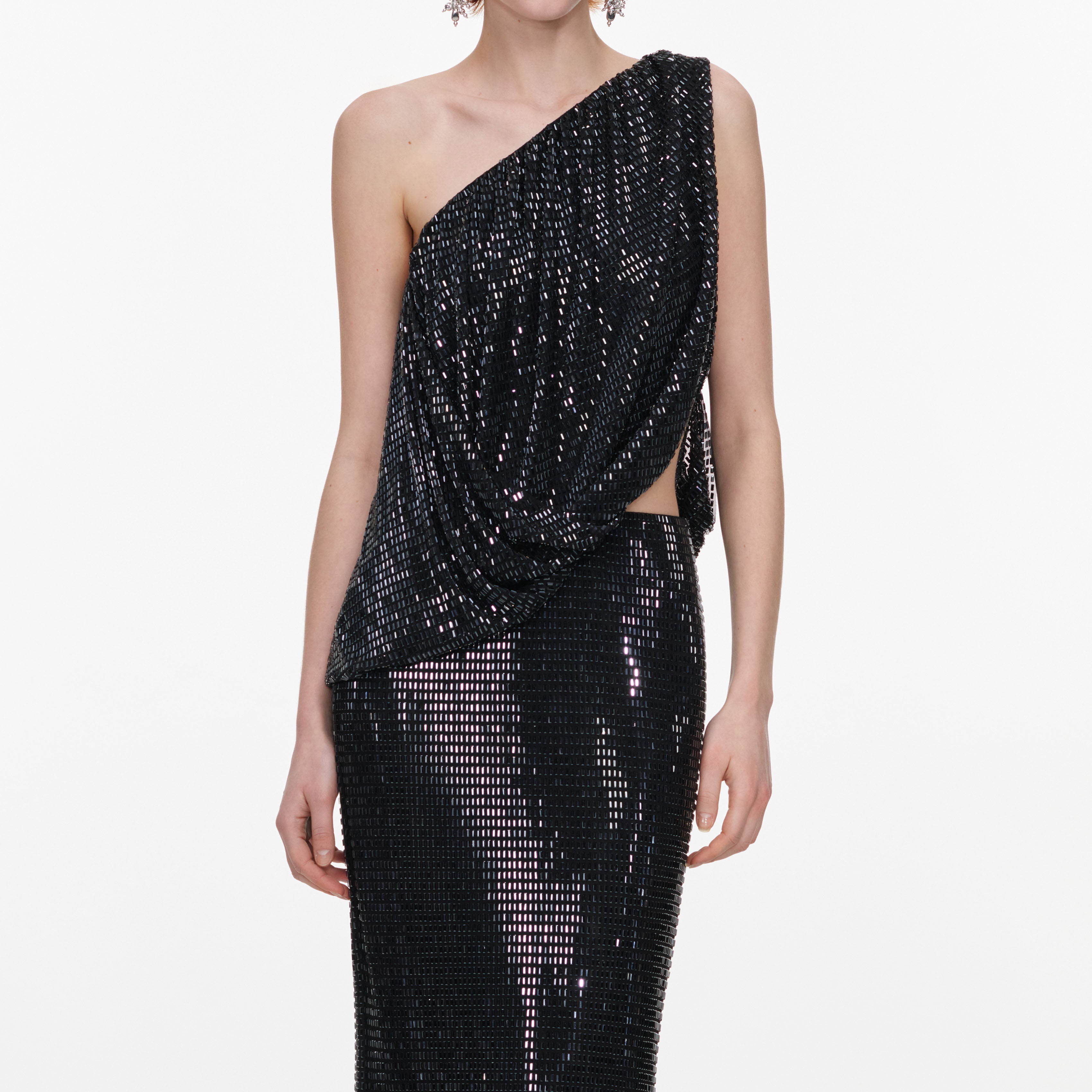 Black Rhinestone Off-Shoulder Drape Maxi Dress