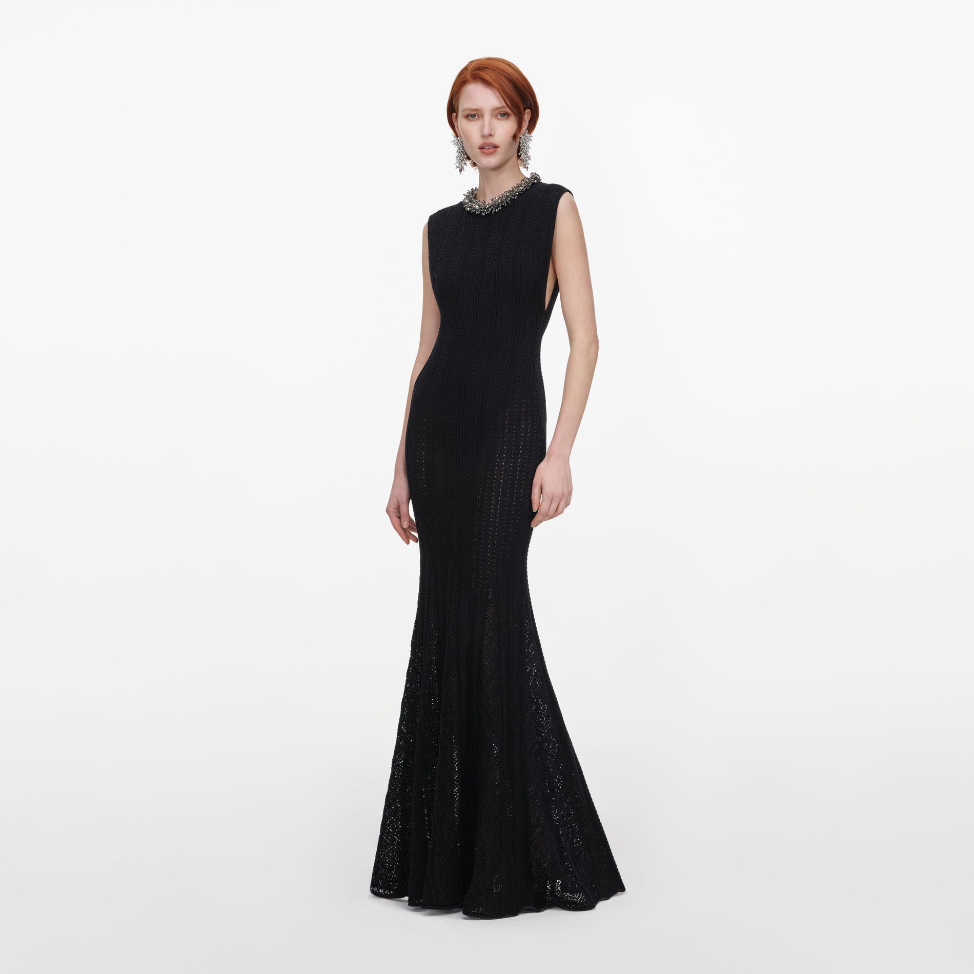 Black Beaded Pointelle Knit Maxi Dress