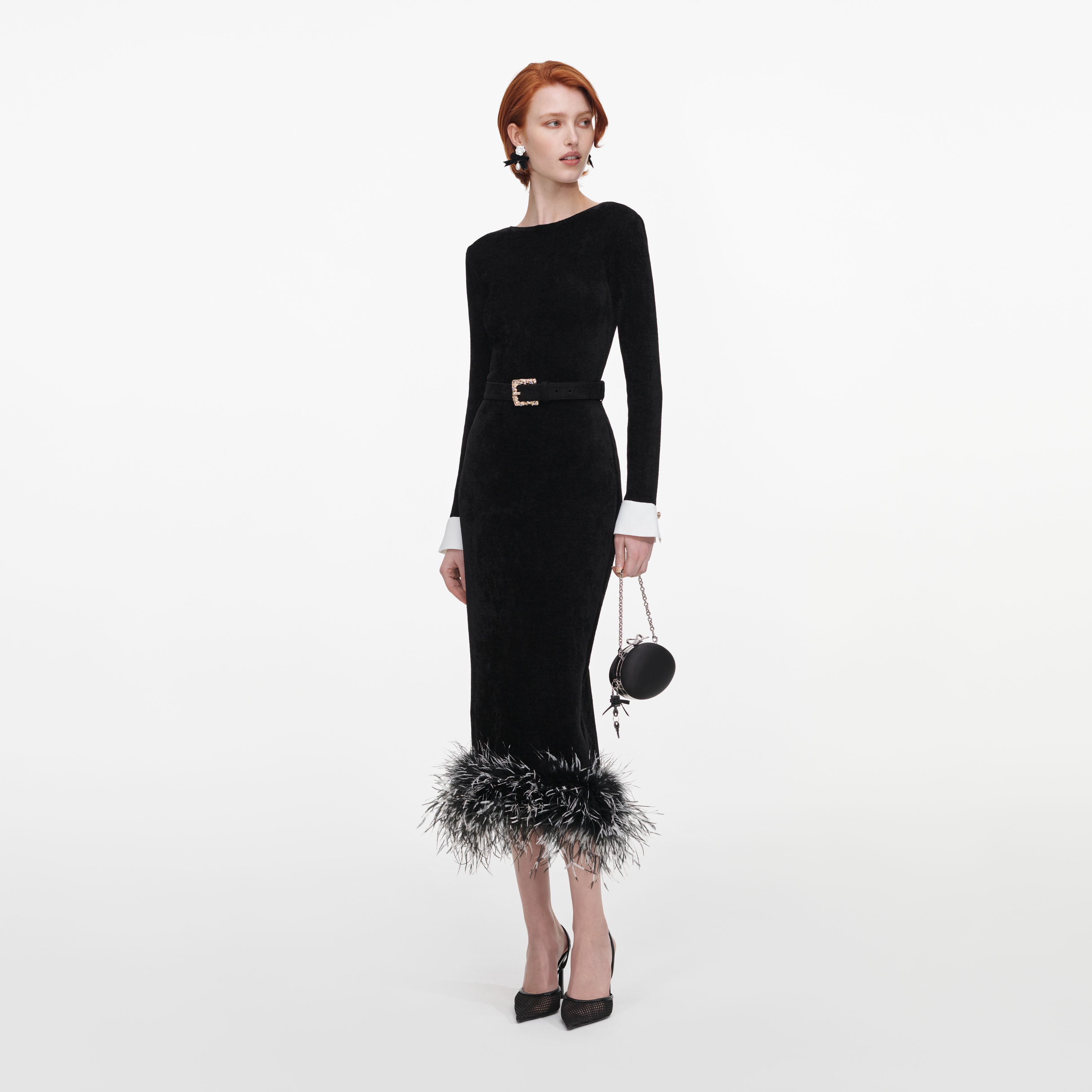Black Chenille Knit Feather Midi Dress