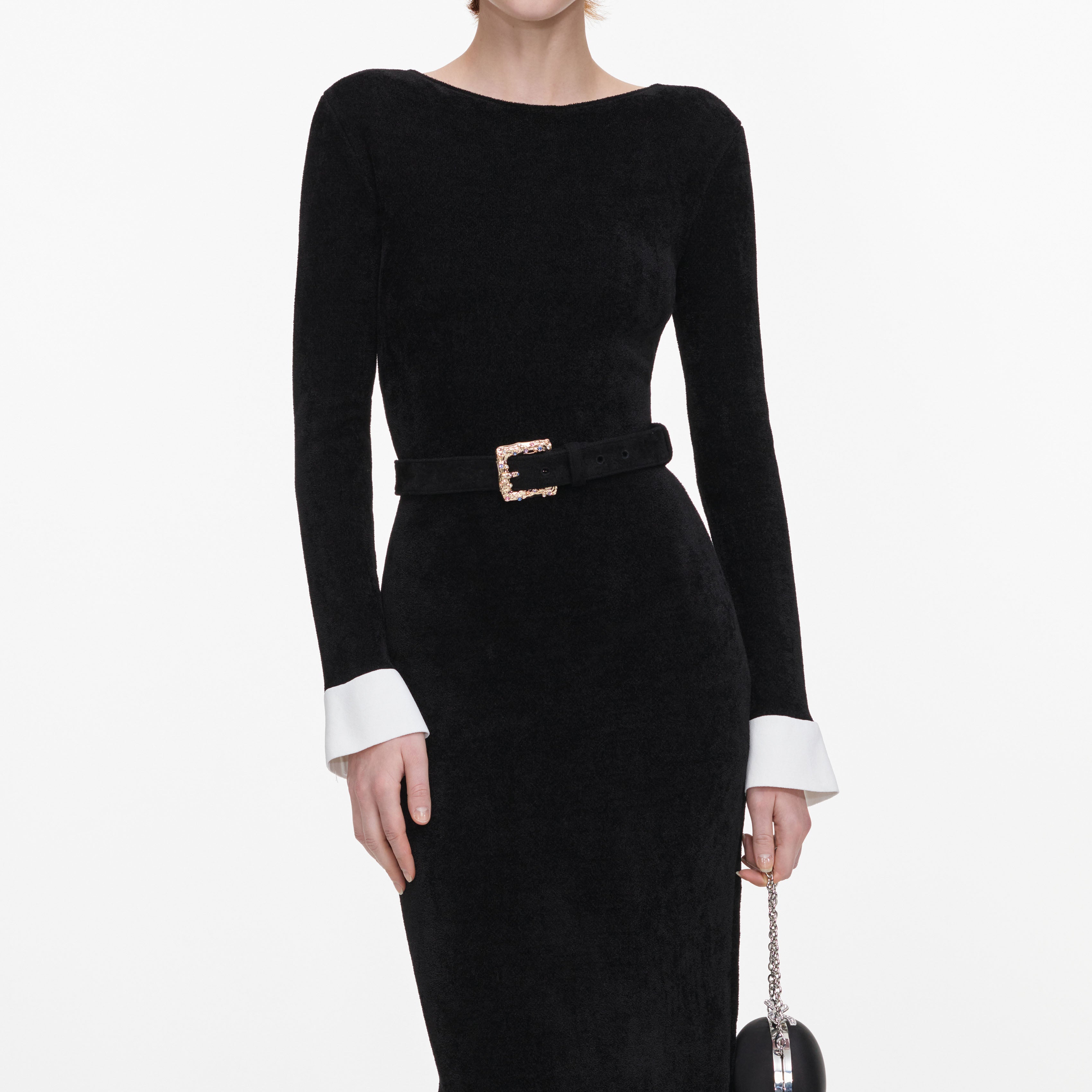 Black Chenille Knit Feather Midi Dress