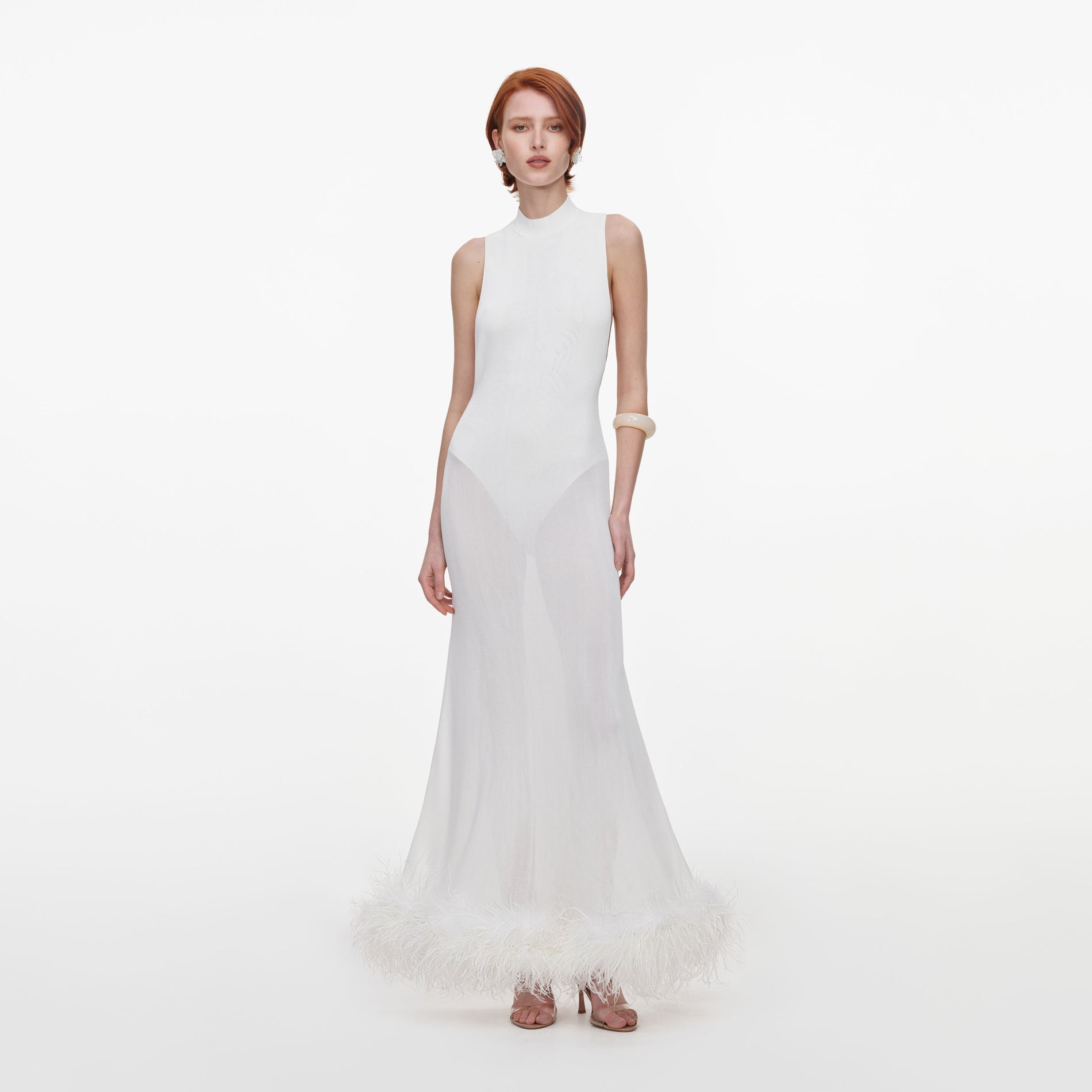 White Racer Back Feather Knit Midi Dress