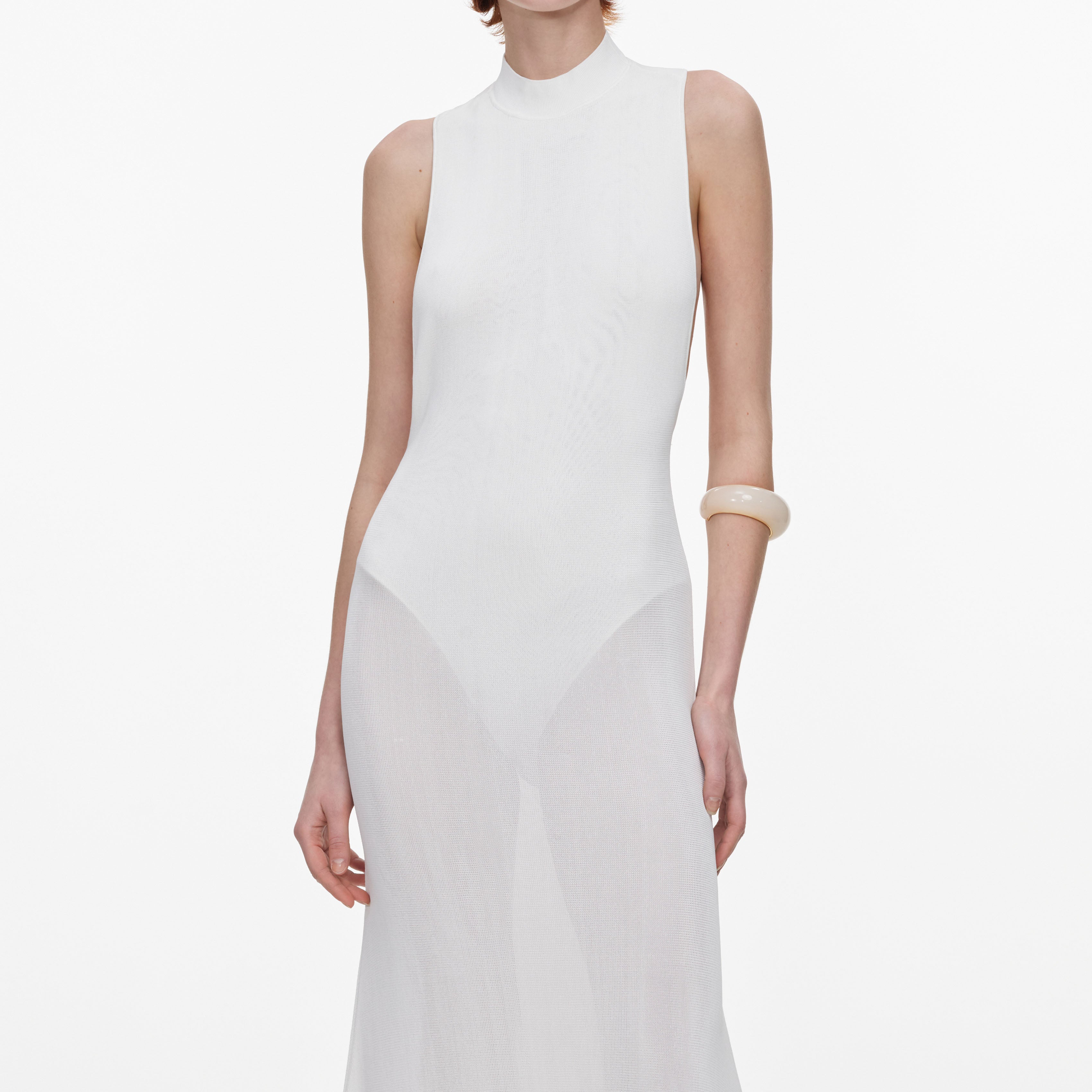White Racer Back Feather Knit Midi Dress