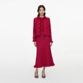 Red Frayed Knit Midi Skirt