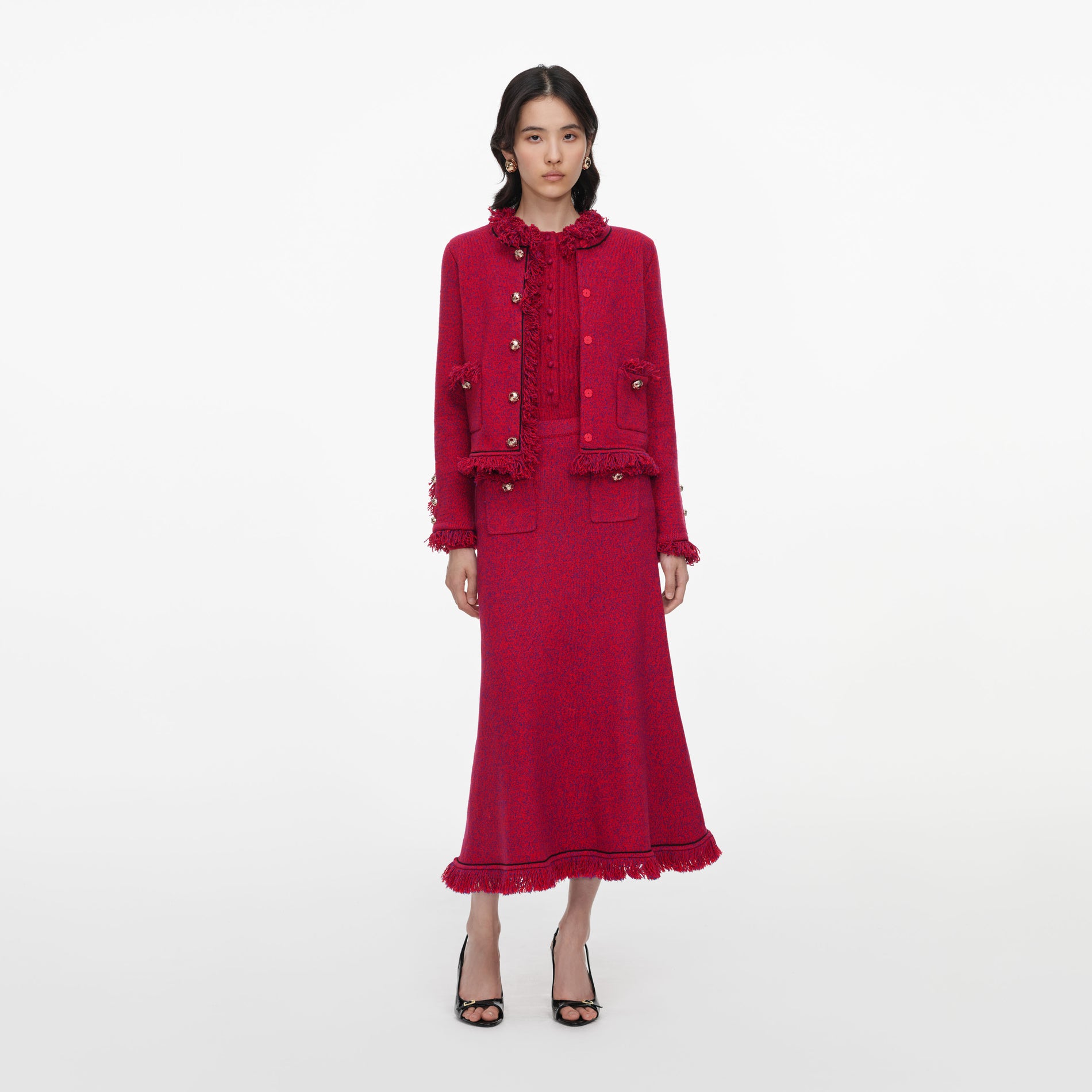 Red Frayed Knit Midi Skirt