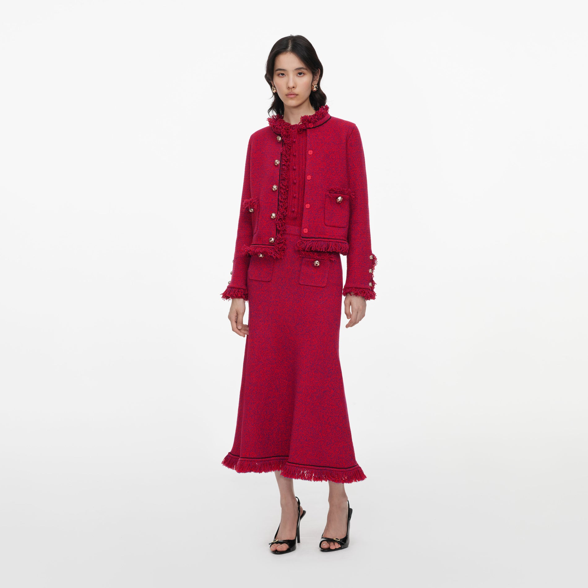 Red Frayed Knit Midi Skirt