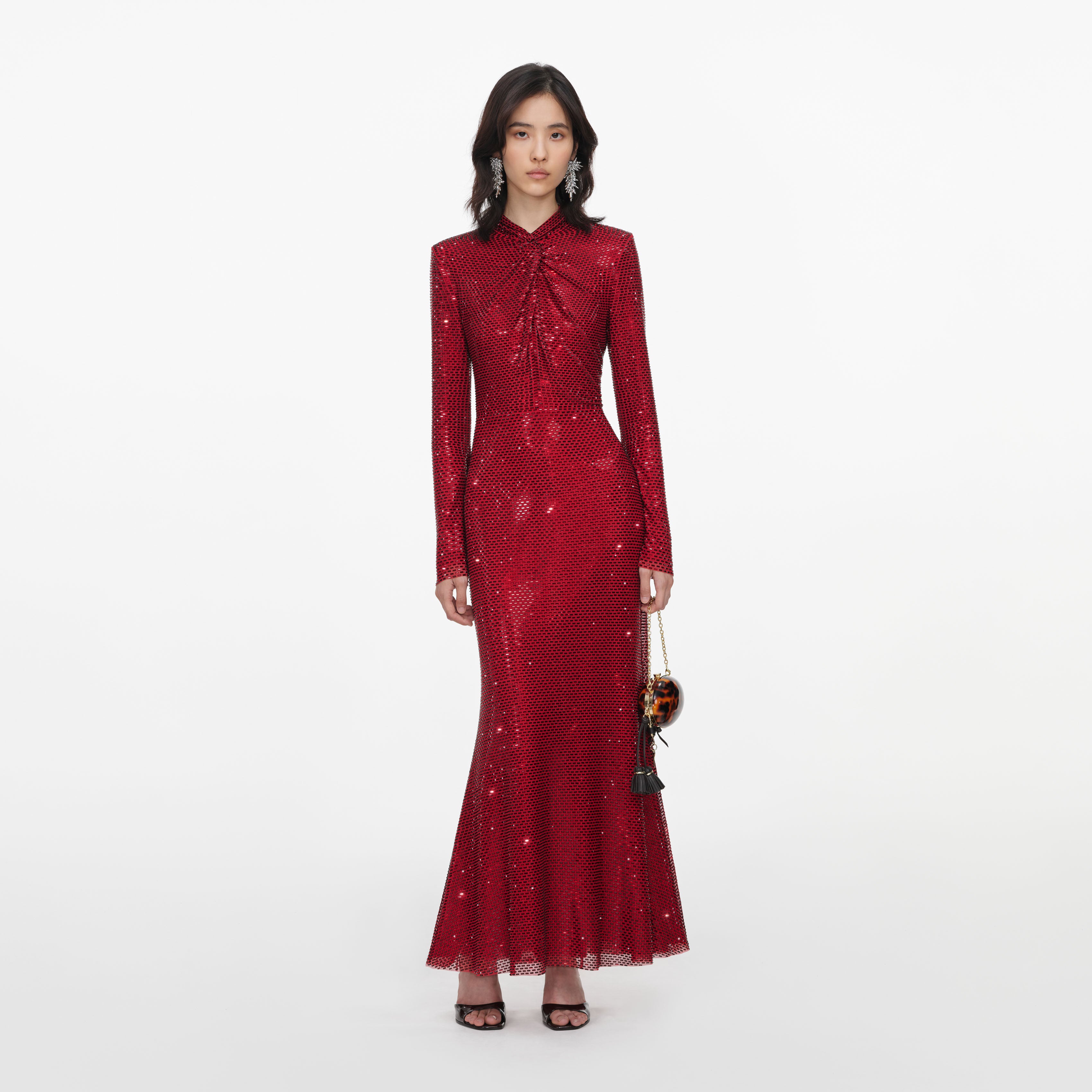 Red Rhinestone Mesh Twist Midi Dress