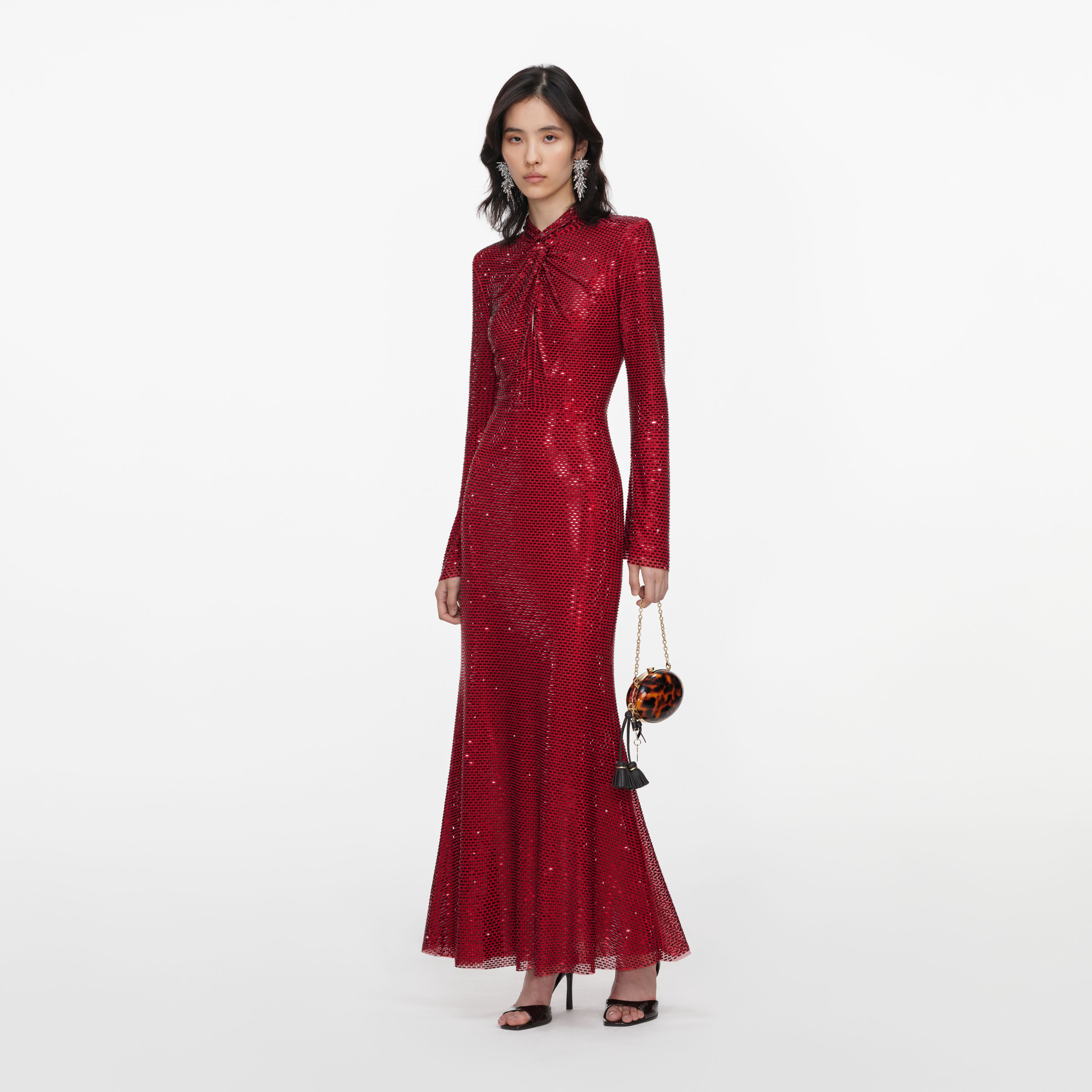 Red Rhinestone Mesh Twist Midi Dress
