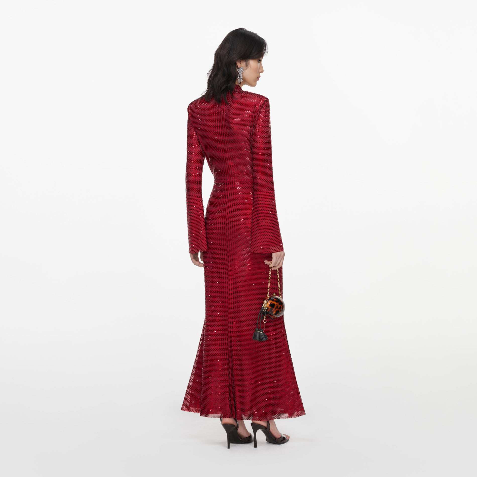 Red Rhinestone Mesh Twist Midi Dress