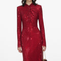 Red Rhinestone Mesh Twist Midi Dress