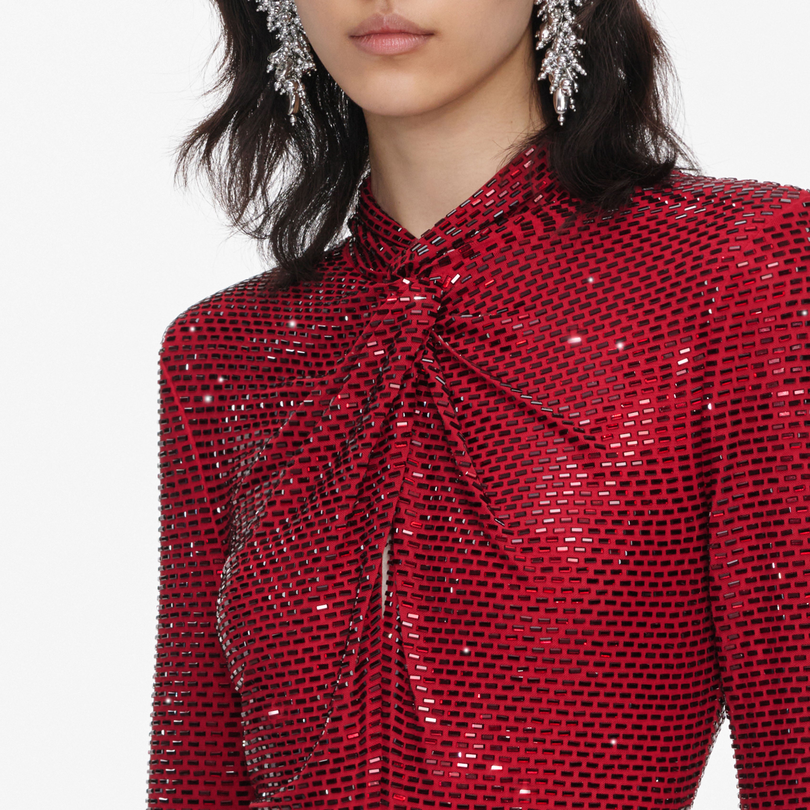 Red Rhinestone Mesh Twist Midi Dress