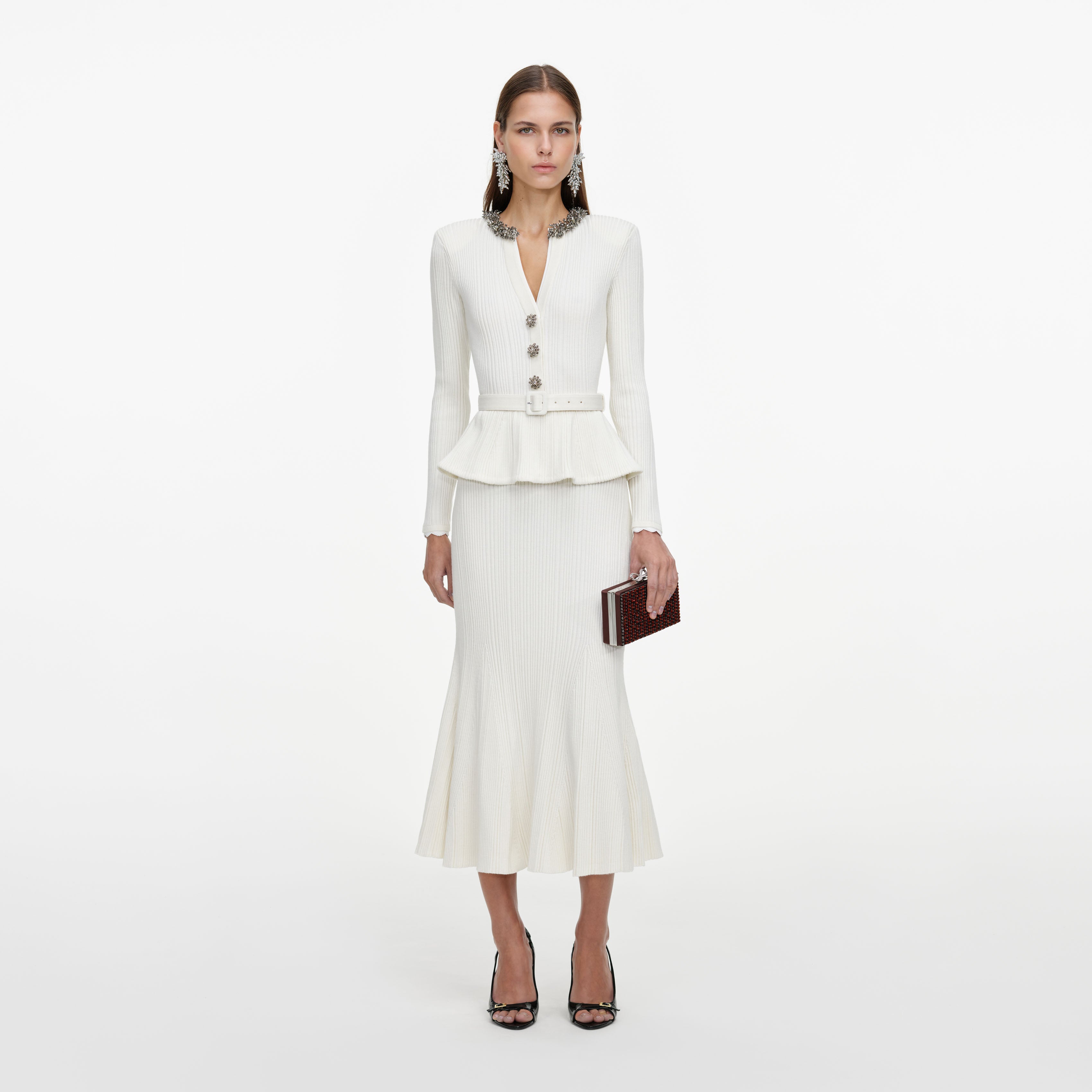 Cream Lurex Rib Knit Midi Dress