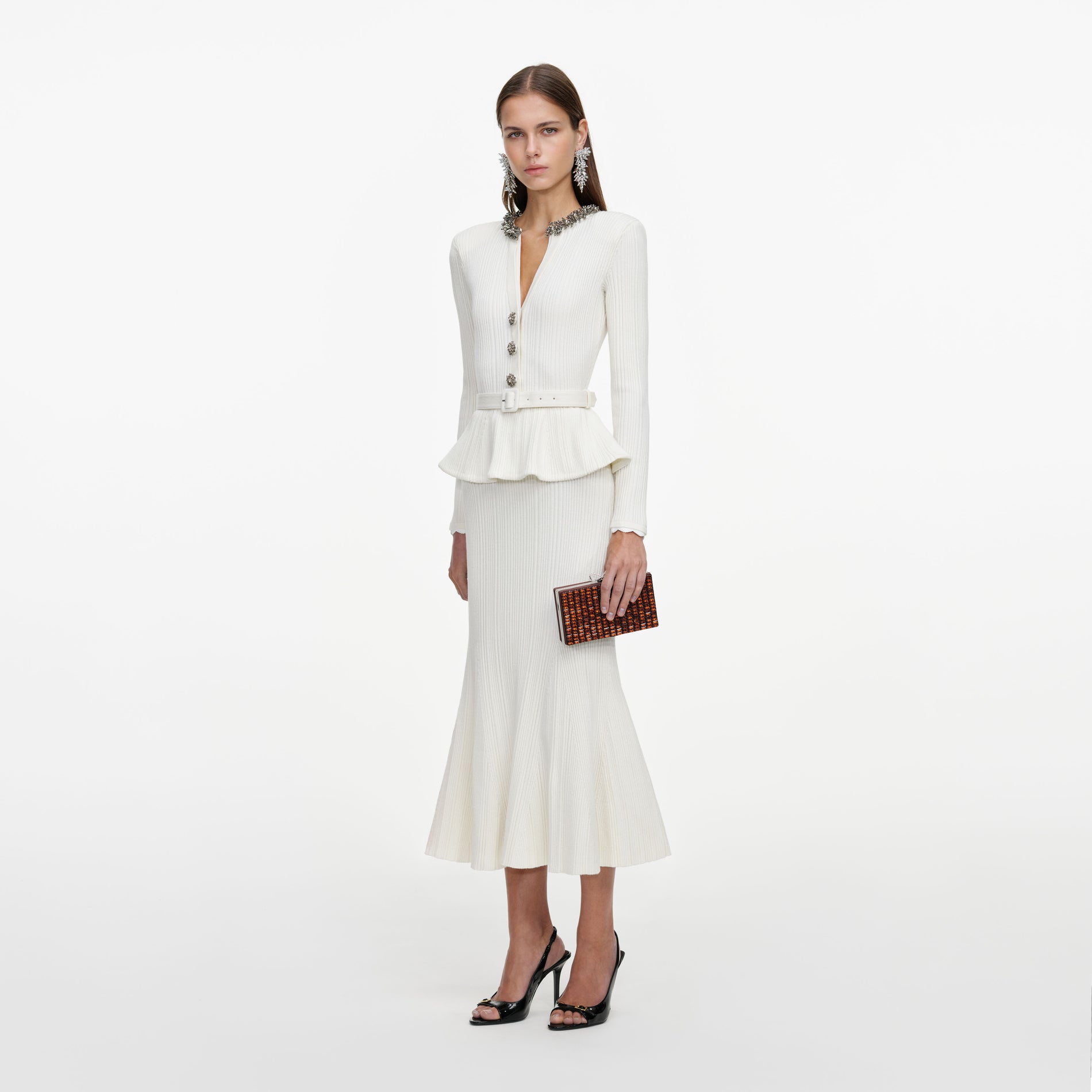 Cream Lurex Rib Knit Midi Dress