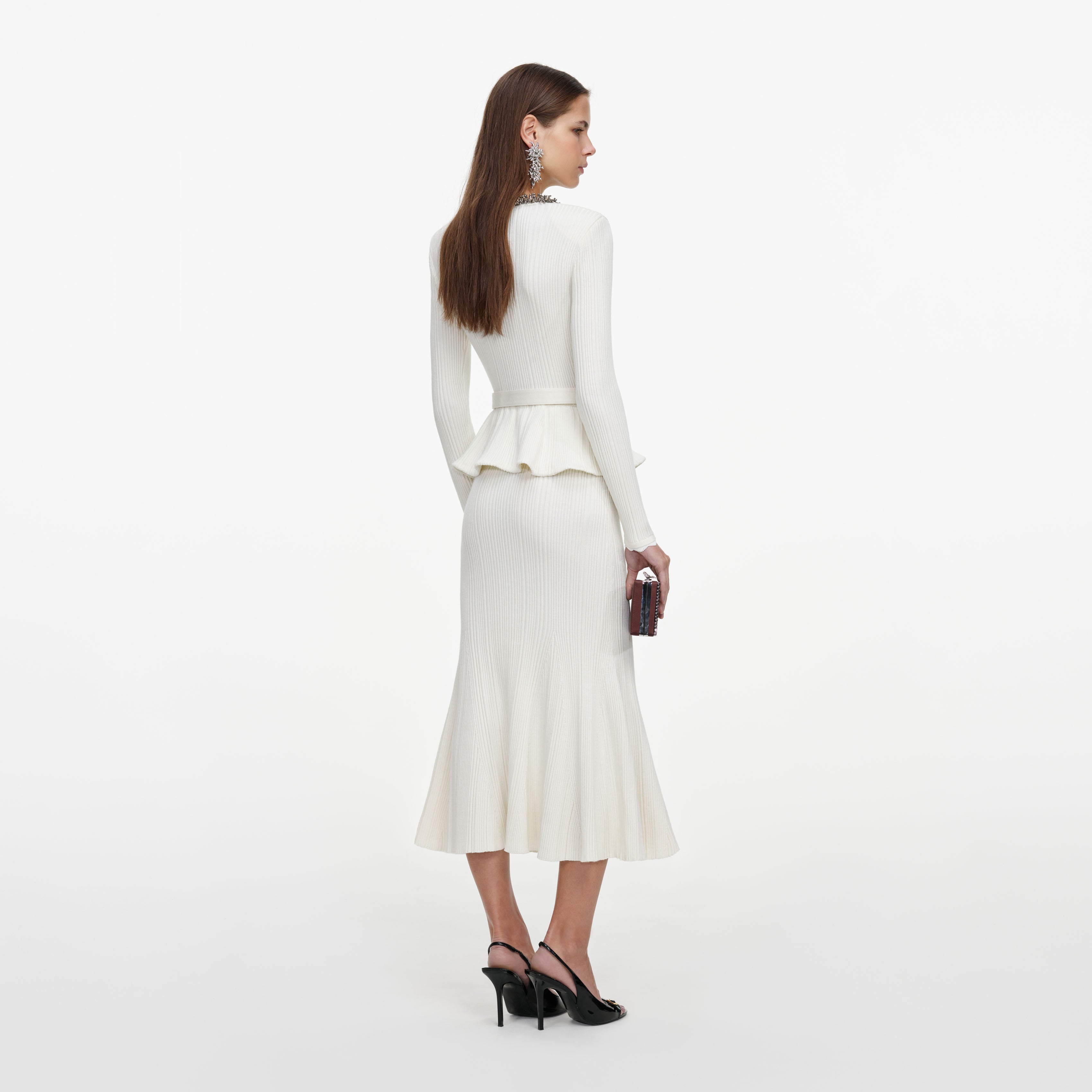 Cream Lurex Rib Knit Midi Dress