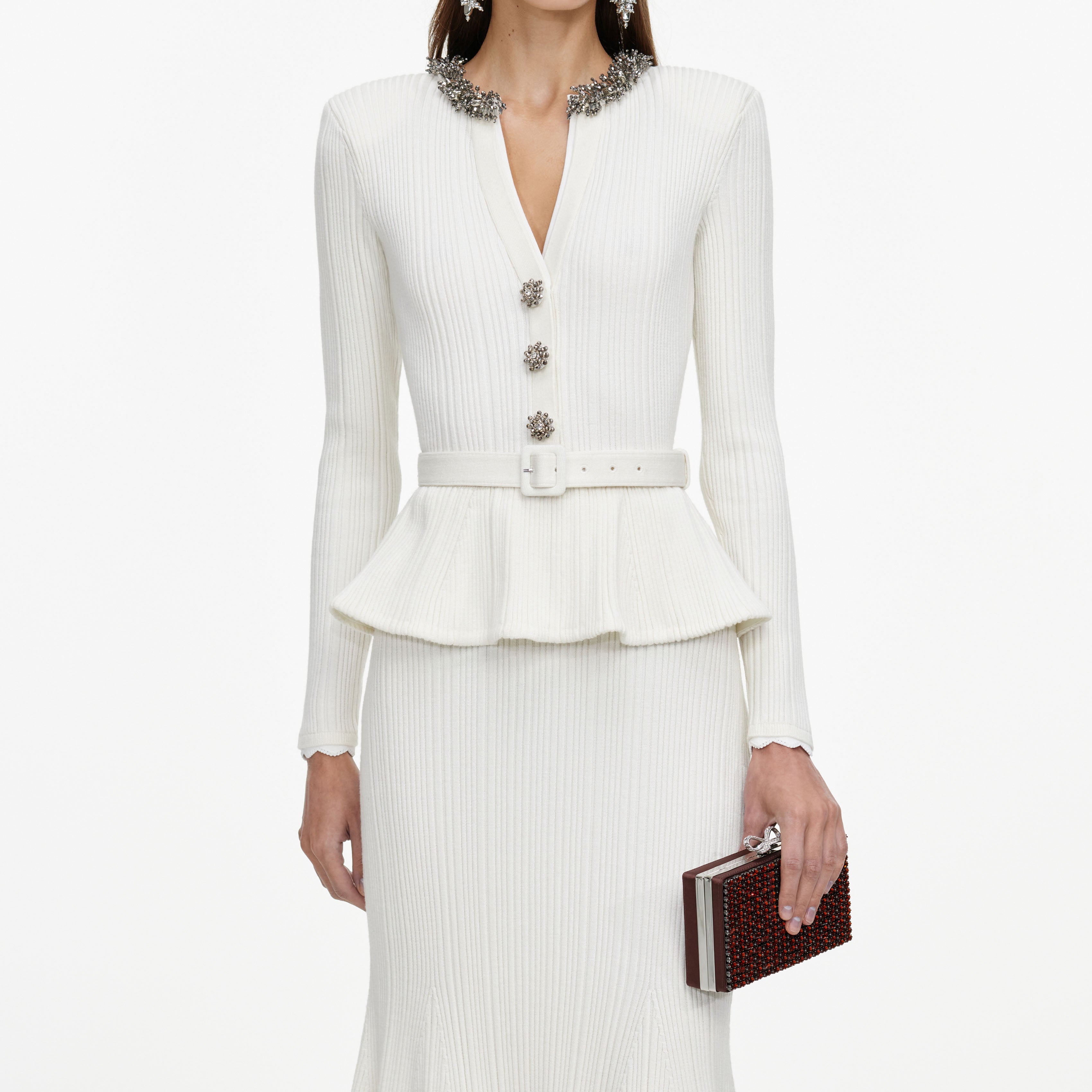 Cream Lurex Rib Knit Midi Dress