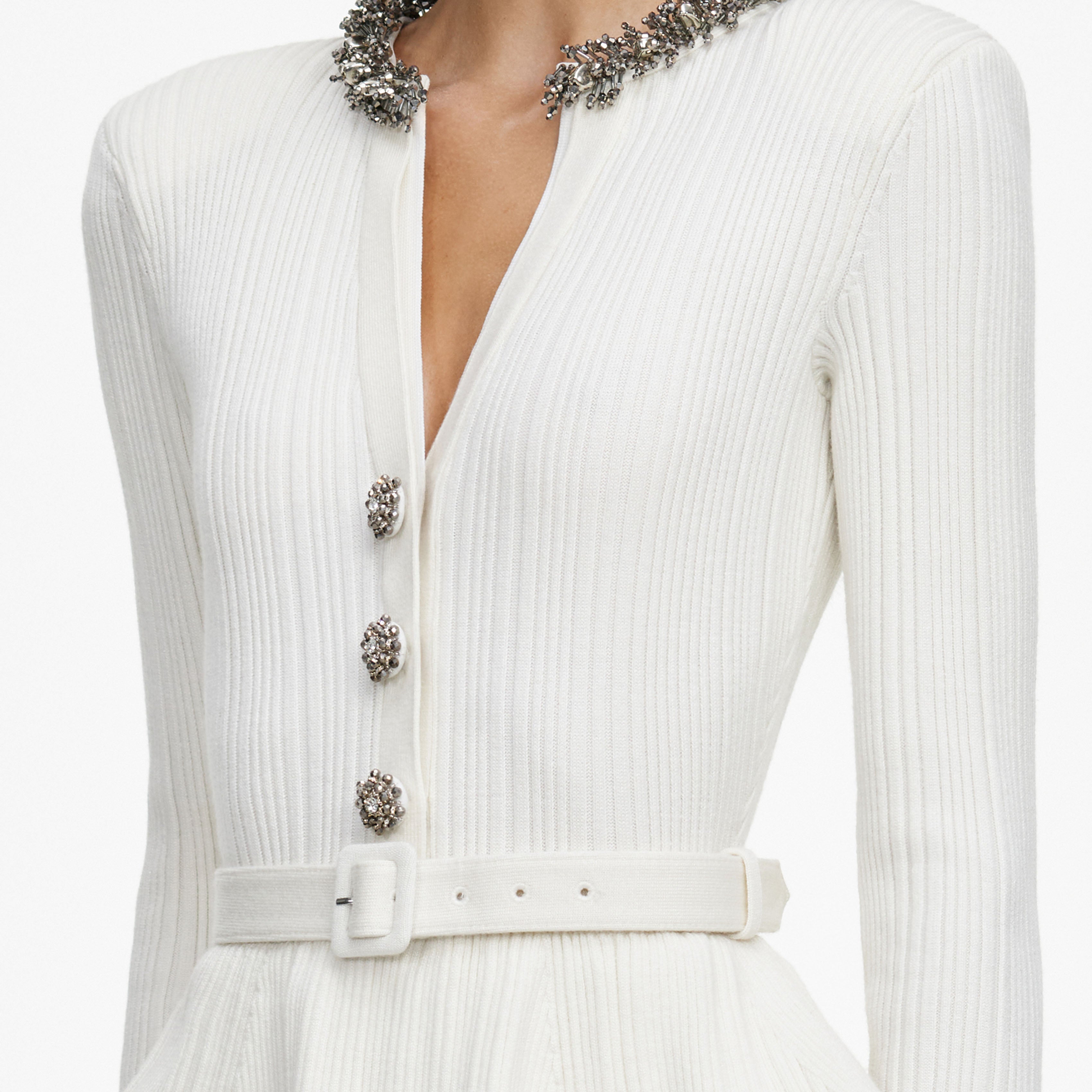 Cream Lurex Rib Knit Midi Dress