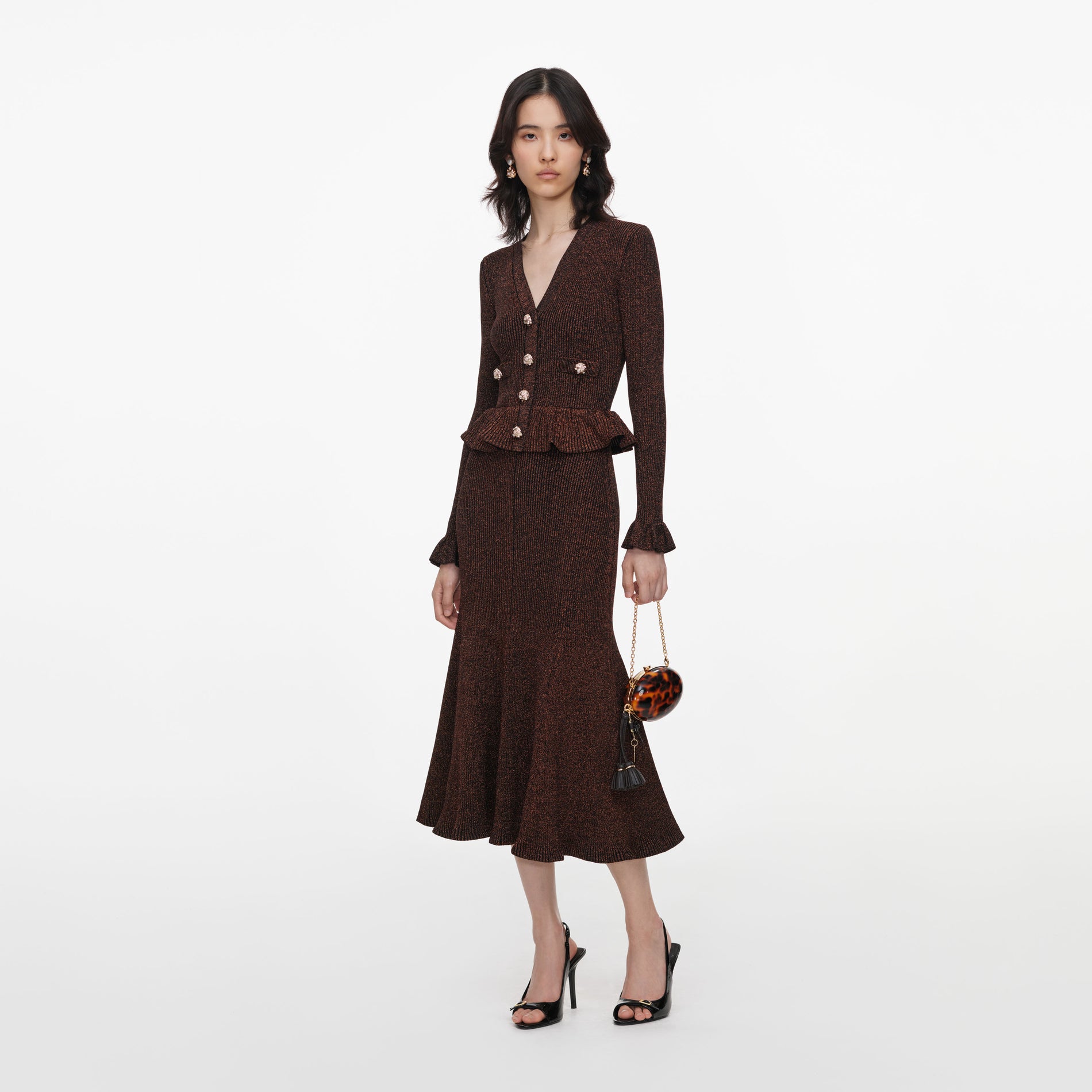 Brown Lurex Peplum Knit Midi Dress