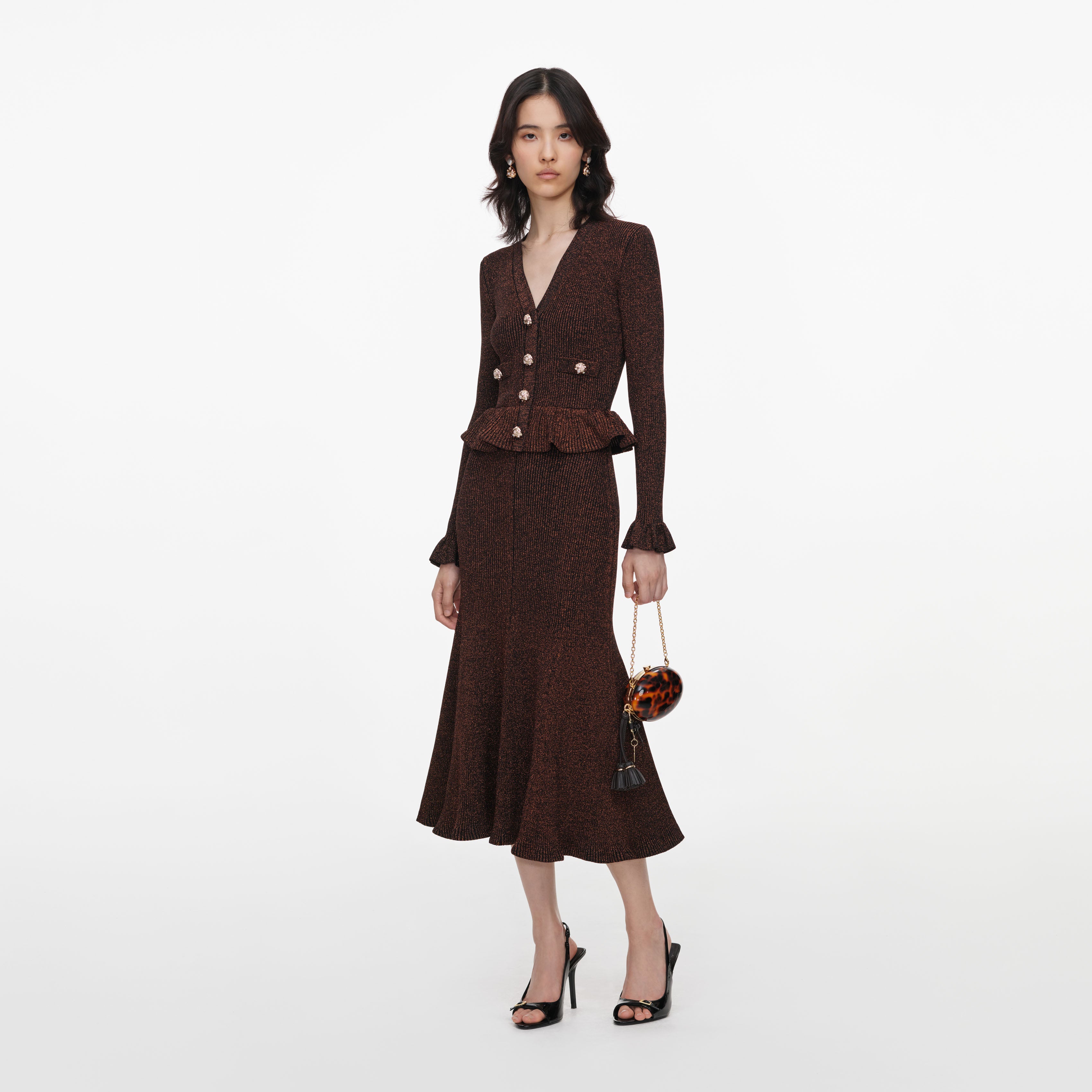 Brown Lurex Peplum Knit Midi Dress
