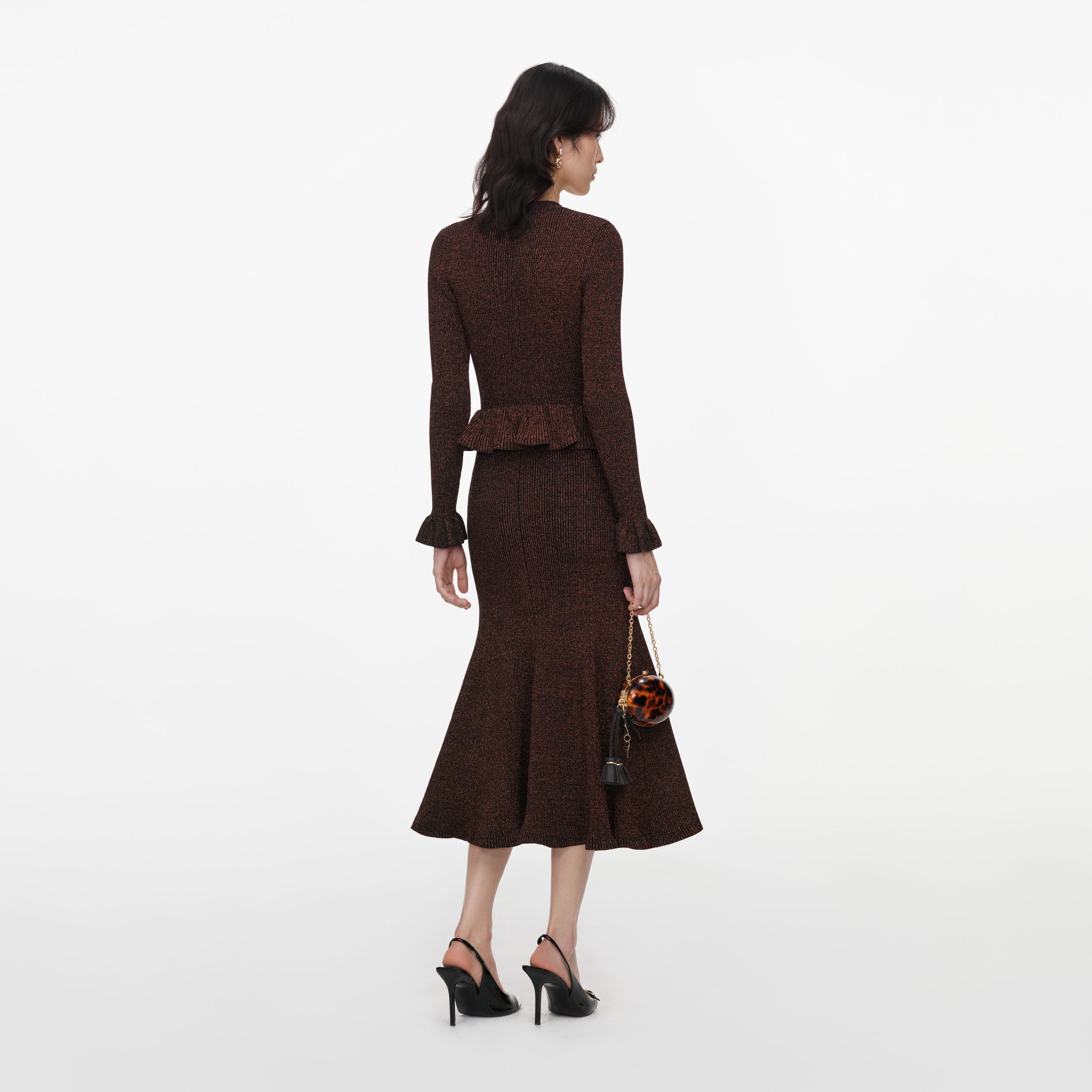 Brown Lurex Peplum Knit Midi Dress