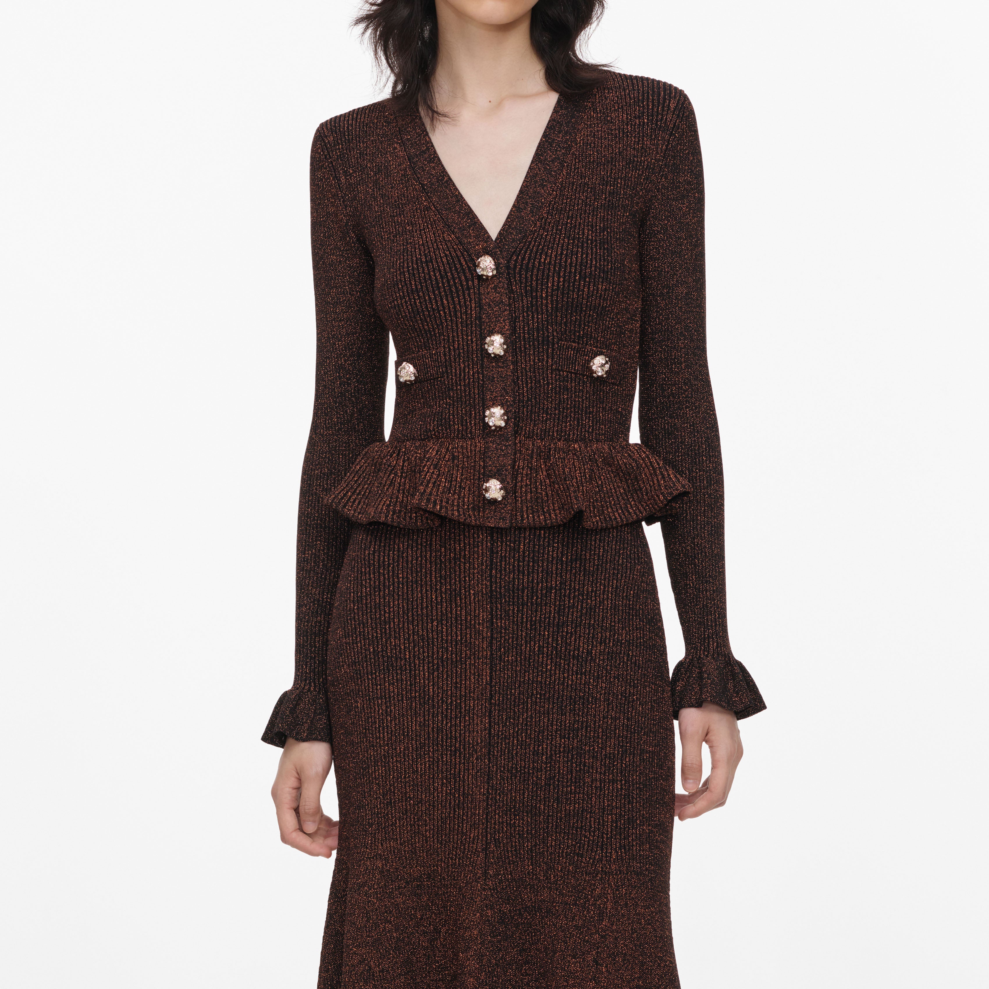 Brown Lurex Peplum Knit Midi Dress