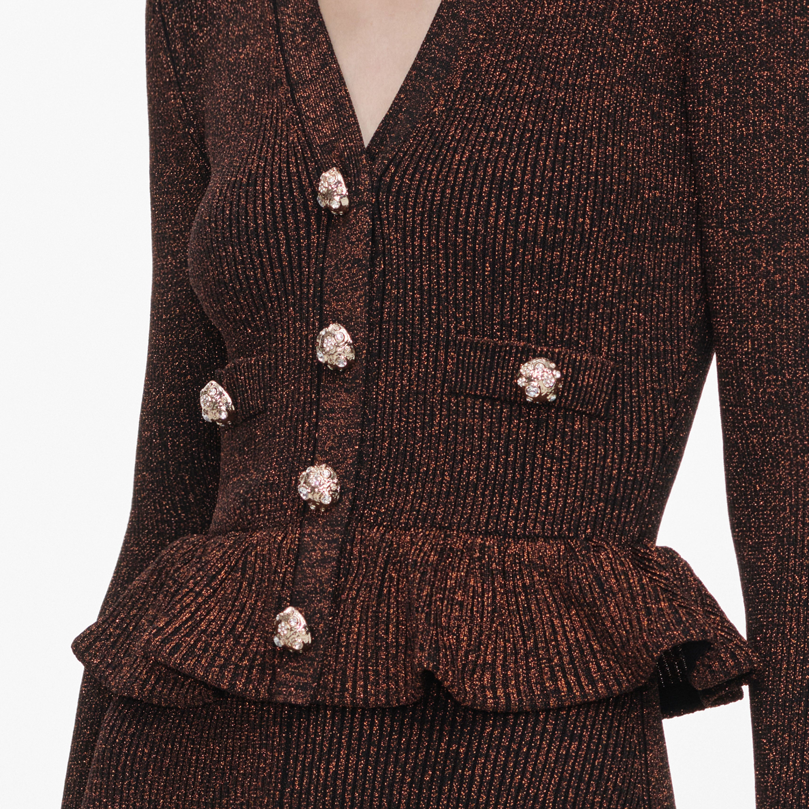 Brown Lurex Peplum Knit Midi Dress