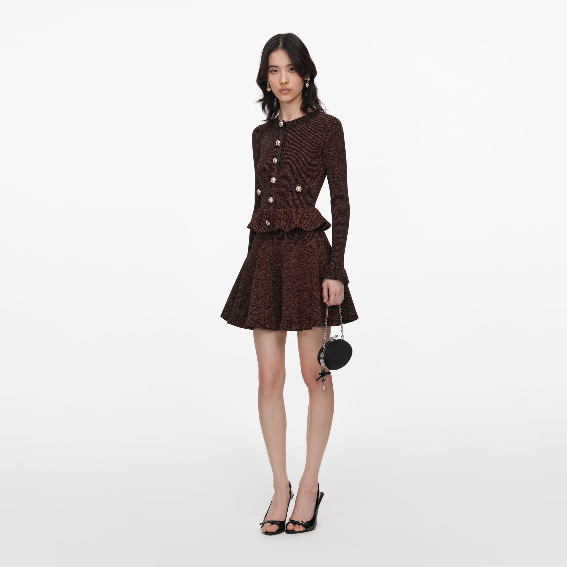 Brown Lurex Peplum Knit Mini Dress