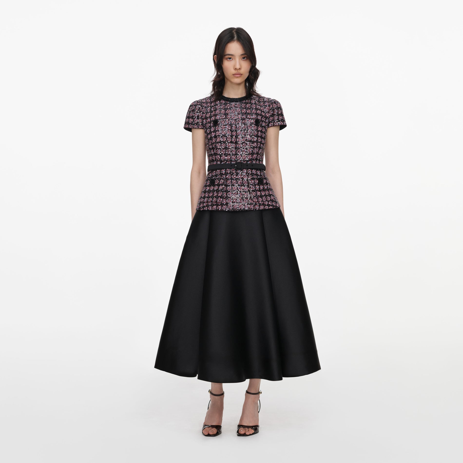 Pink and Black Sequin Boucle Midi Dress