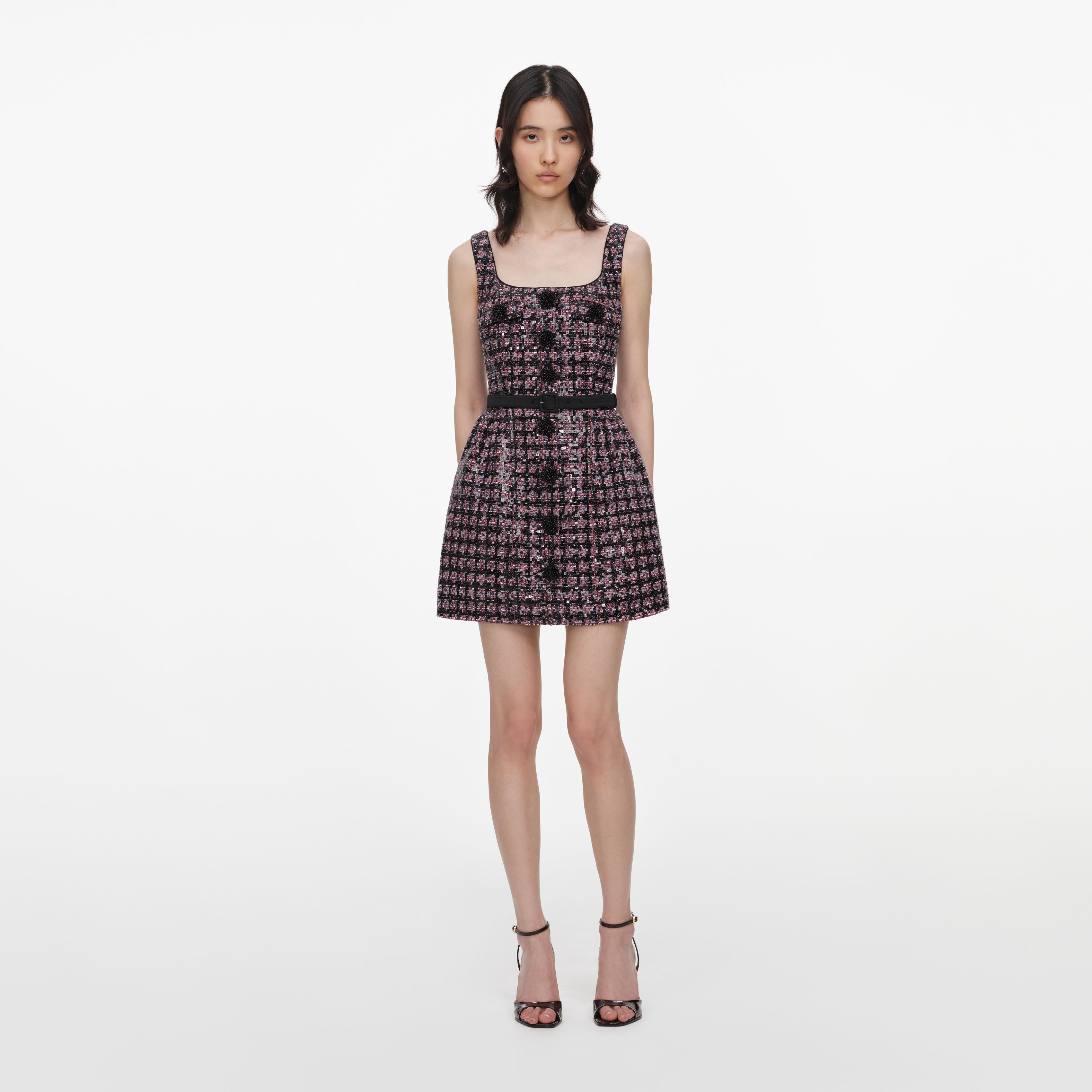 Pink and Black Sequin Boucle Sleeveless Mini Dress