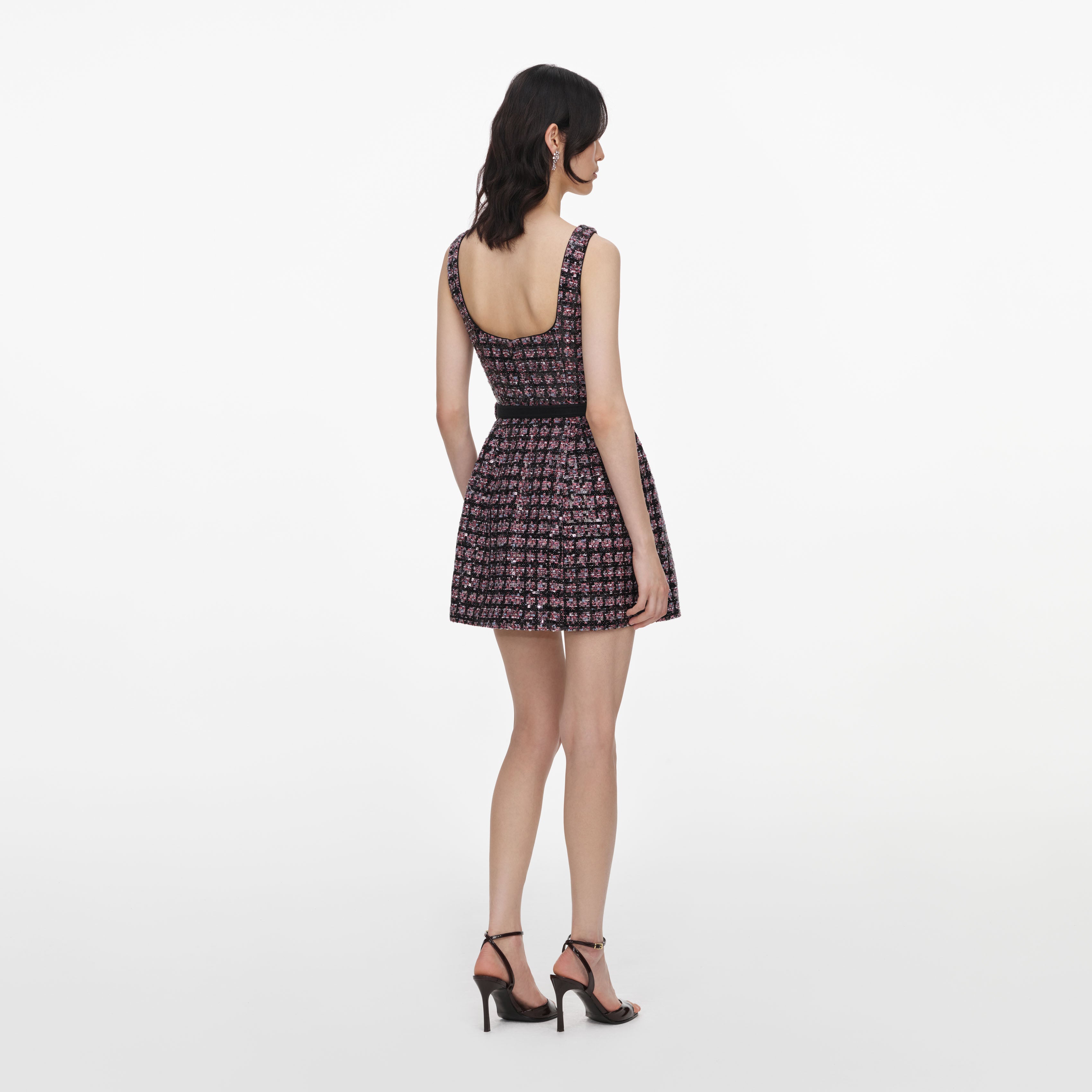 Pink and Black Sequin Boucle Sleeveless Mini Dress