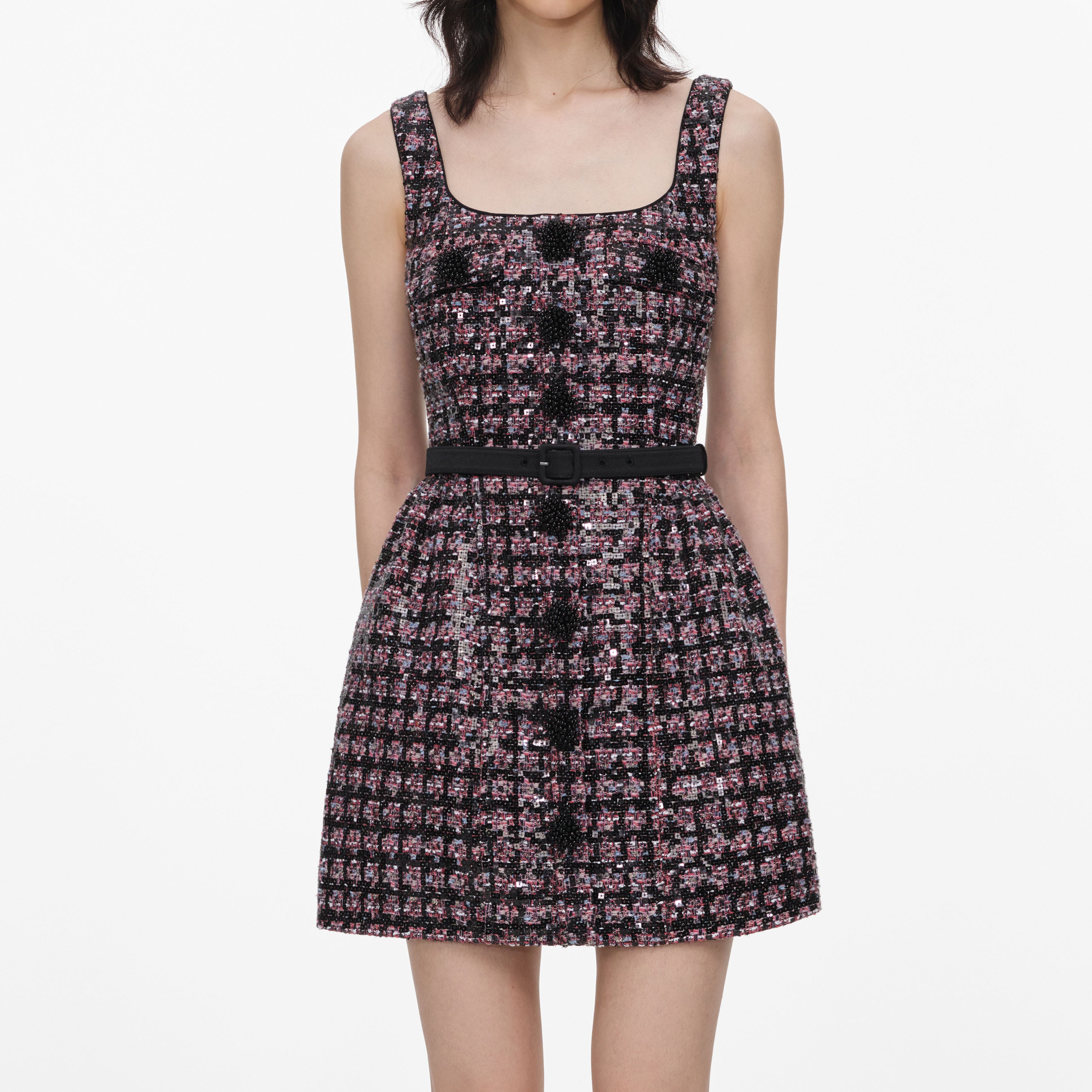 Pink and Black Sequin Boucle Sleeveless Mini Dress