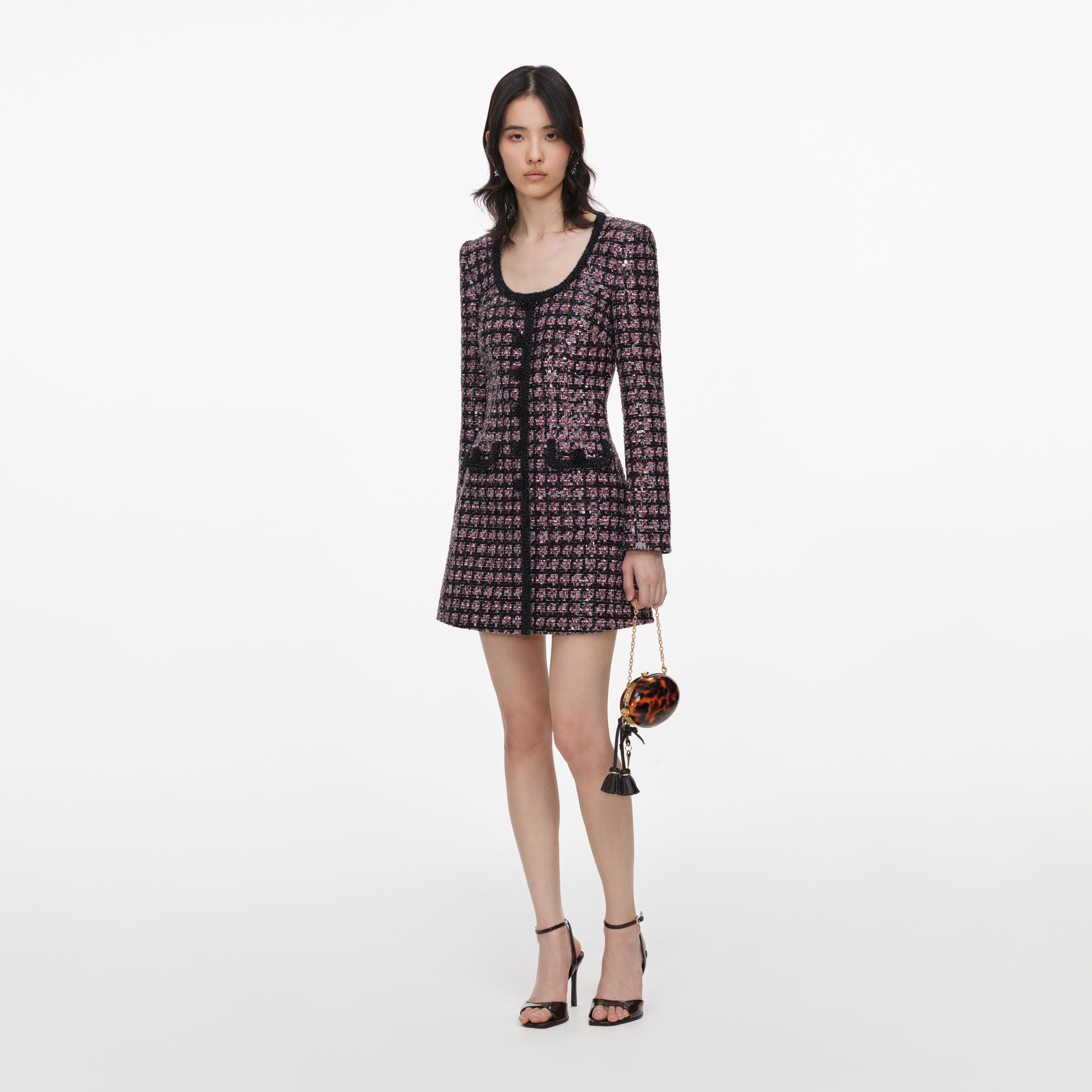 Pink and Black Sequin Boucle Mini Dress