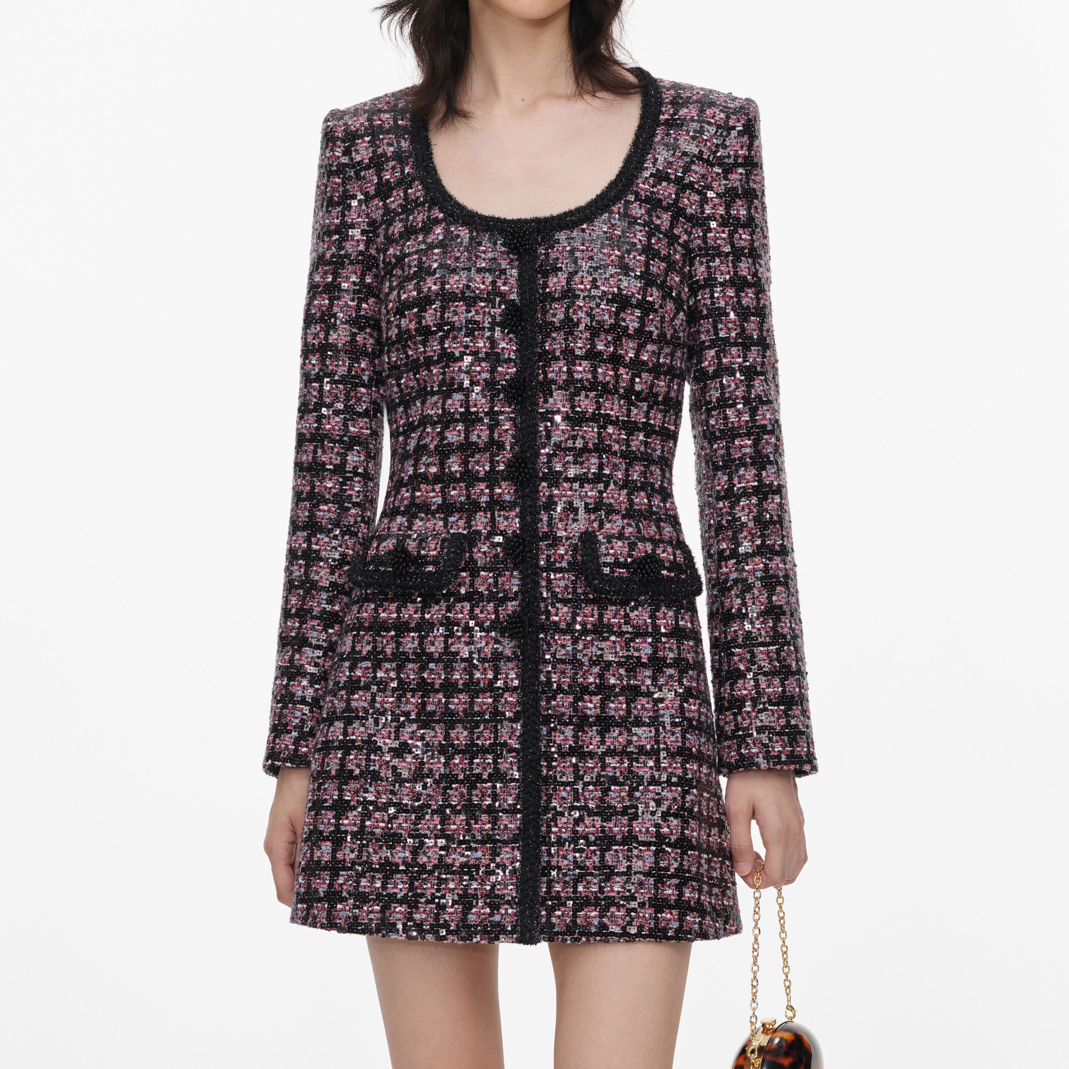 Pink and Black Sequin Boucle Mini Dress