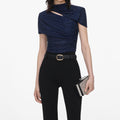 Navy Rhinestone Mesh Cut Out Top