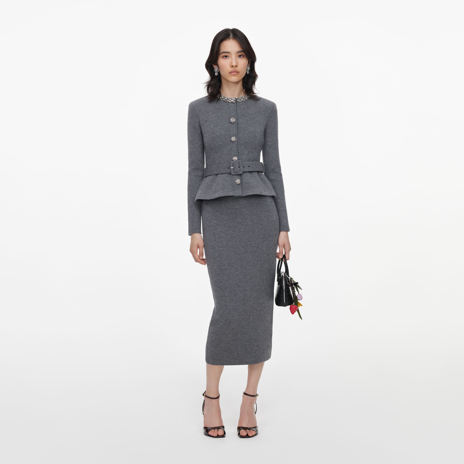 Grey Crystal Trim Knit Midi Dress