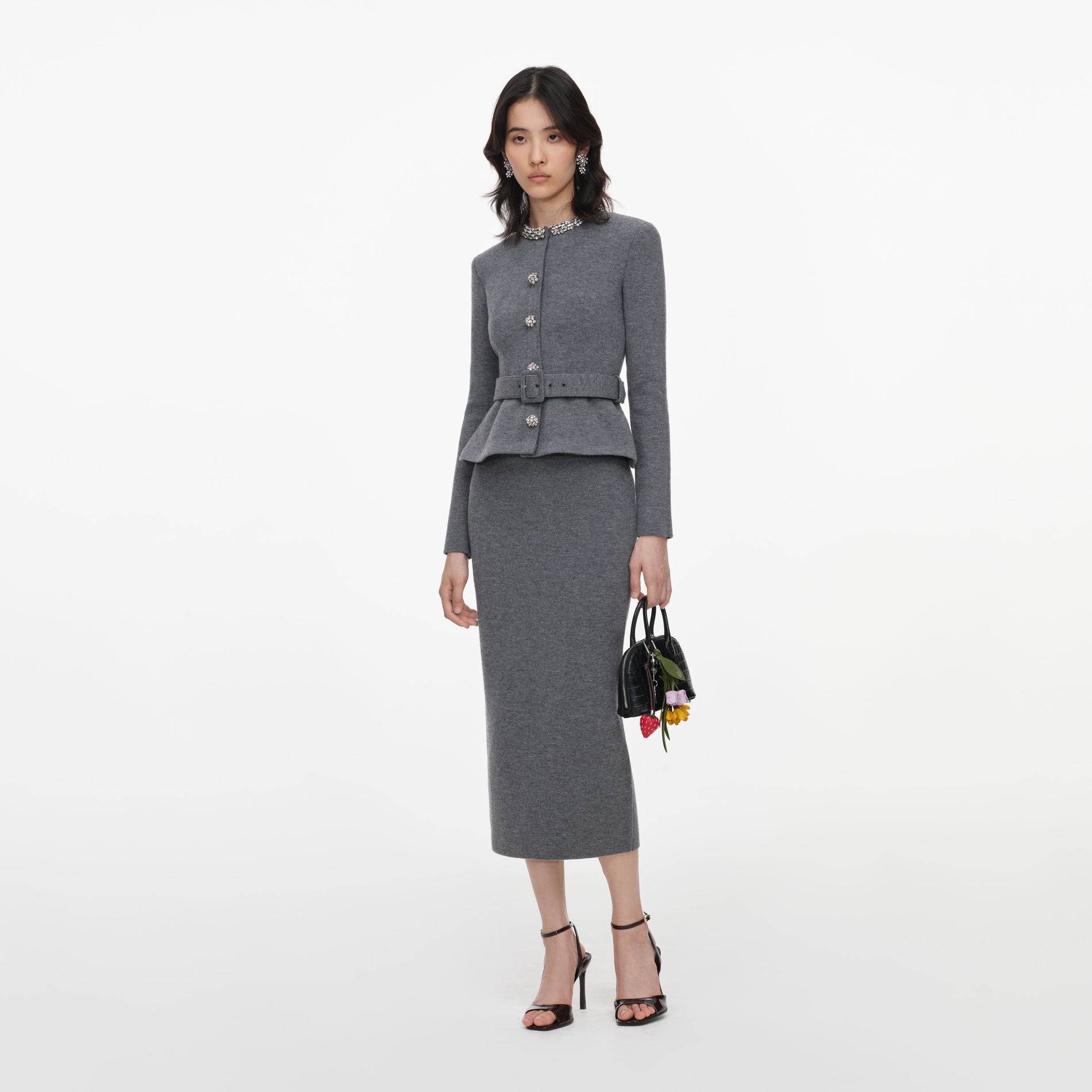 Grey Crystal Trim Knit Midi Dress