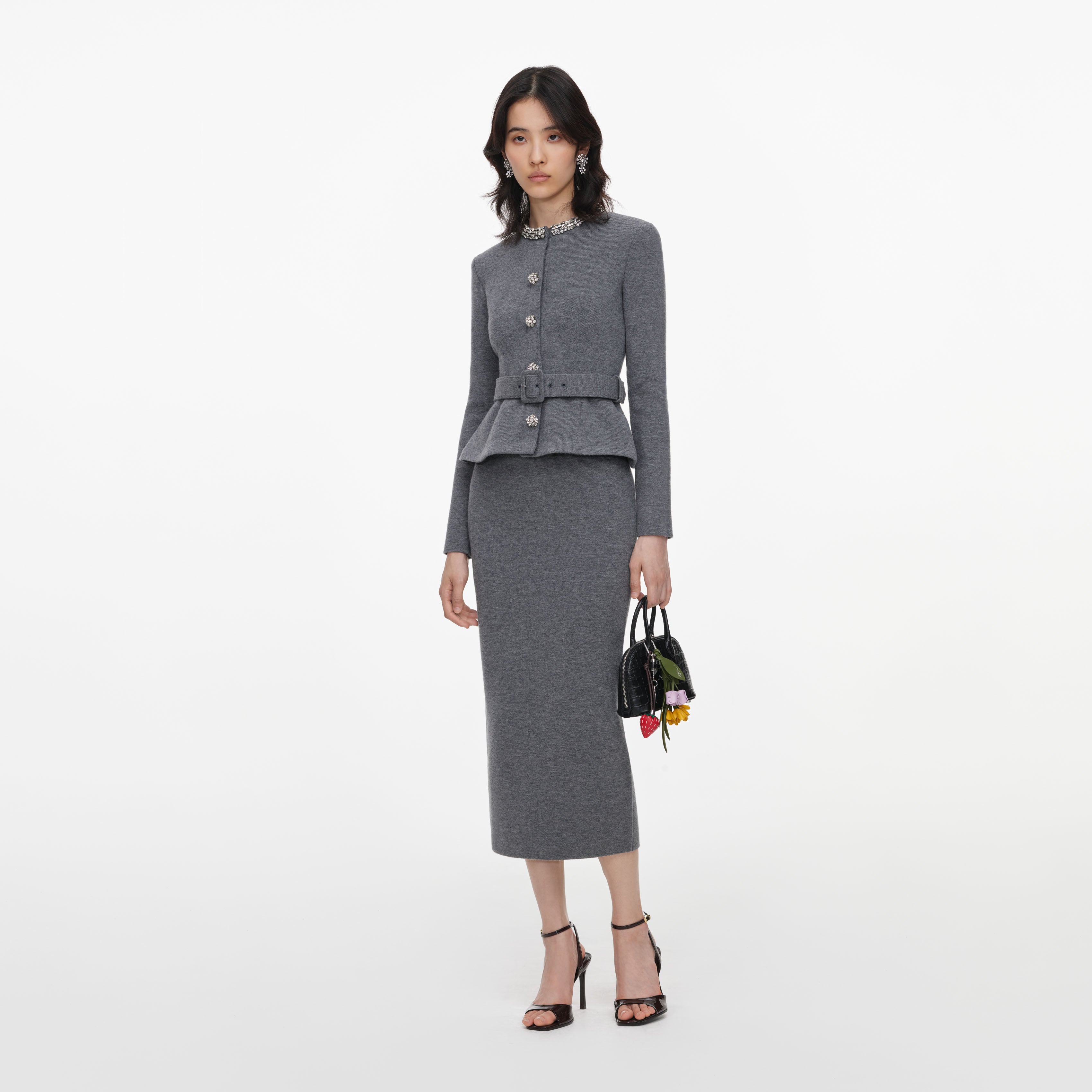 Grey Crystal Trim Knit Midi Dress