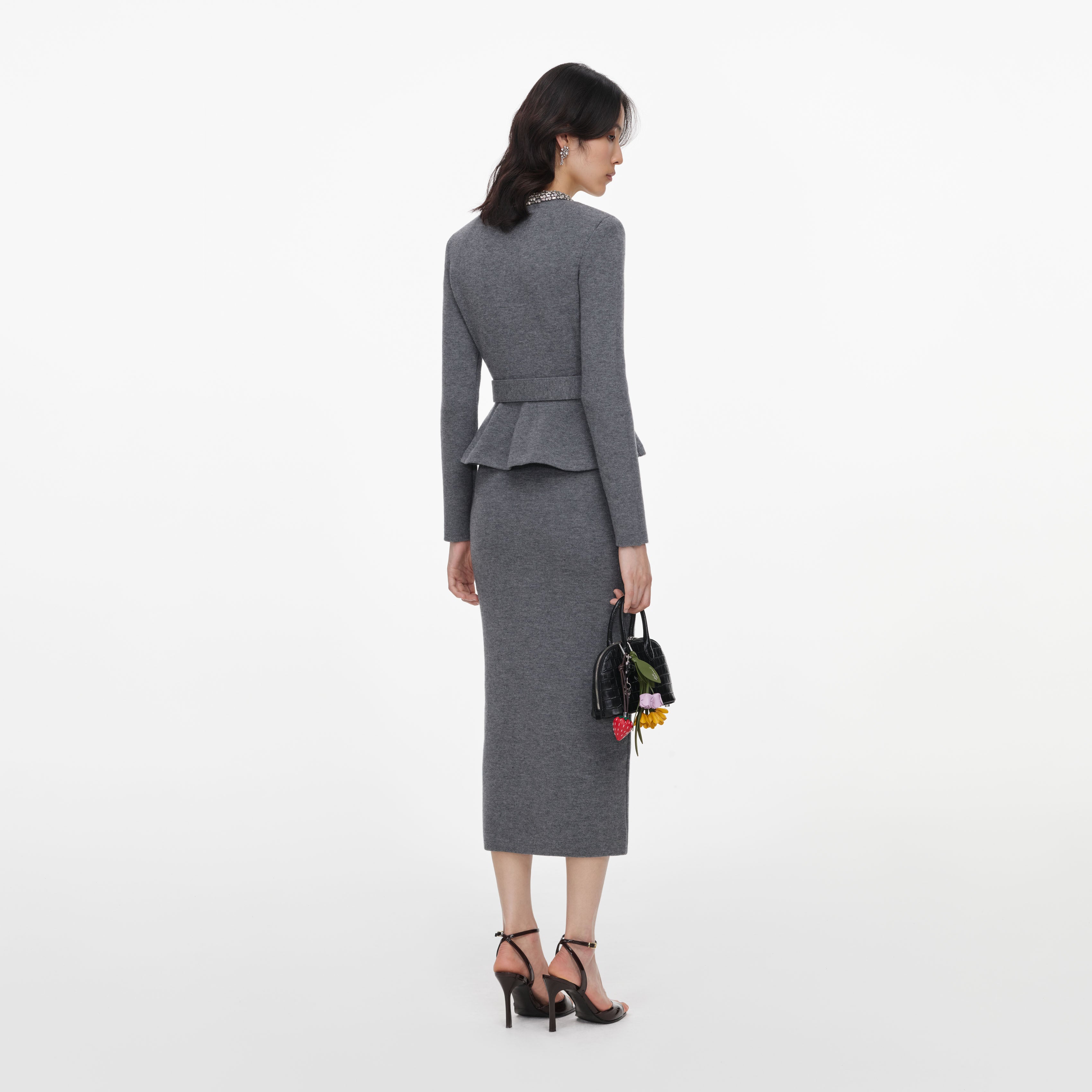 Grey Crystal Trim Knit Midi Dress