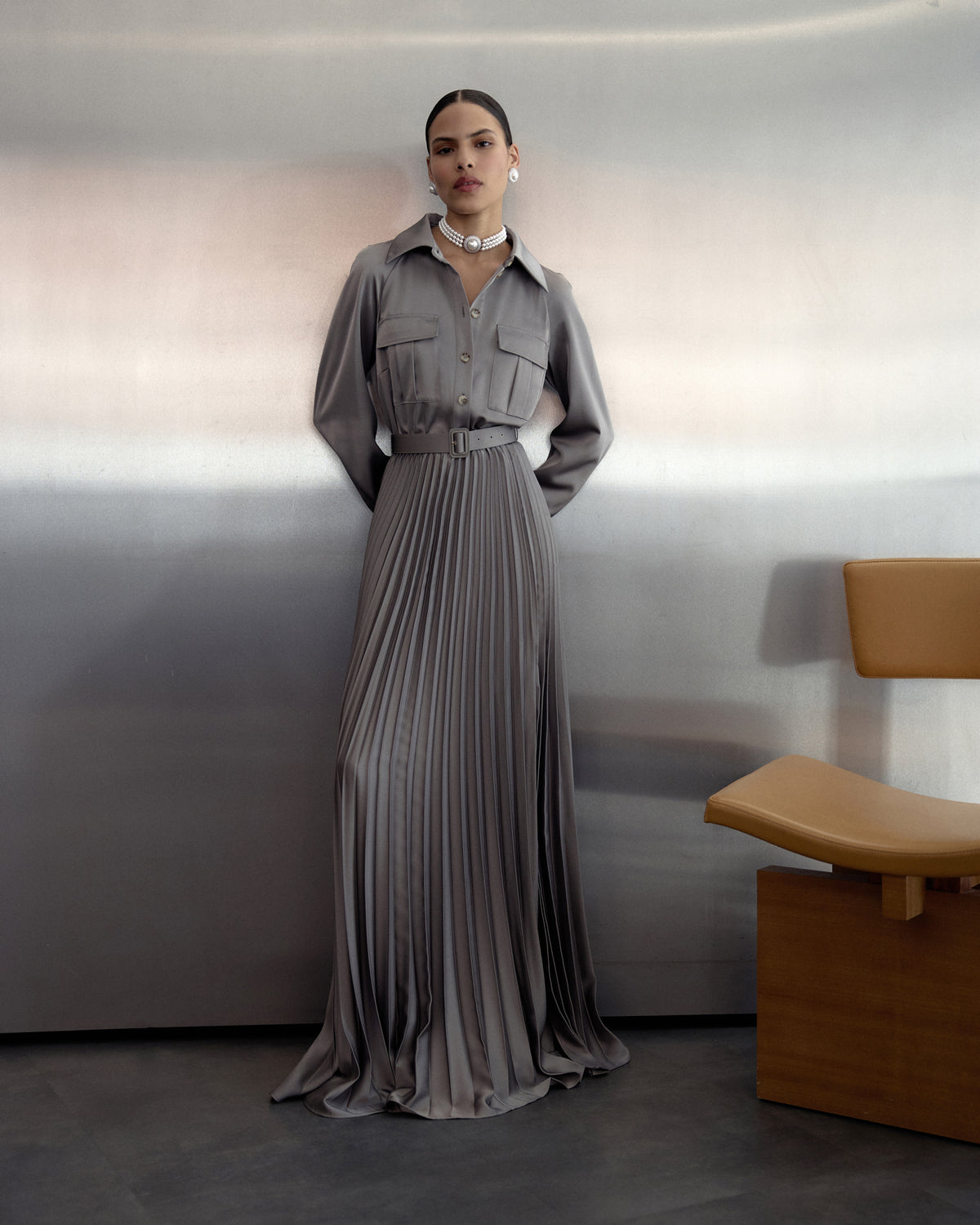 Grey Satin Pleated Maxi Dress – self-portrait